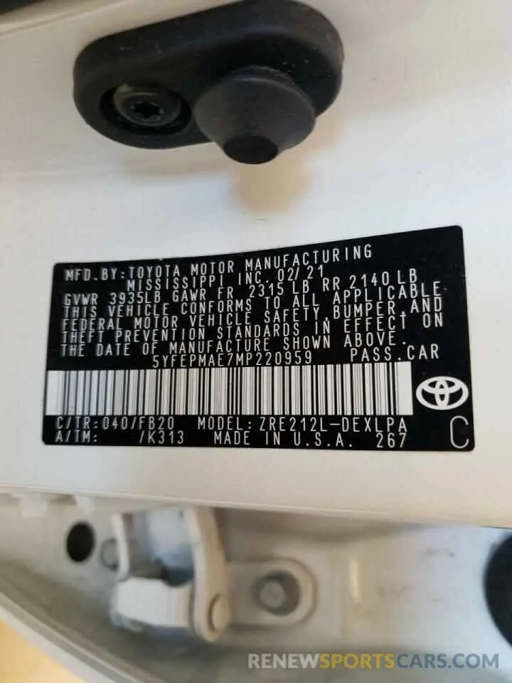 10 fotografías del automóvil dañado 5YFEPMAE7MP220959 TOYOTA COROLLA 2021