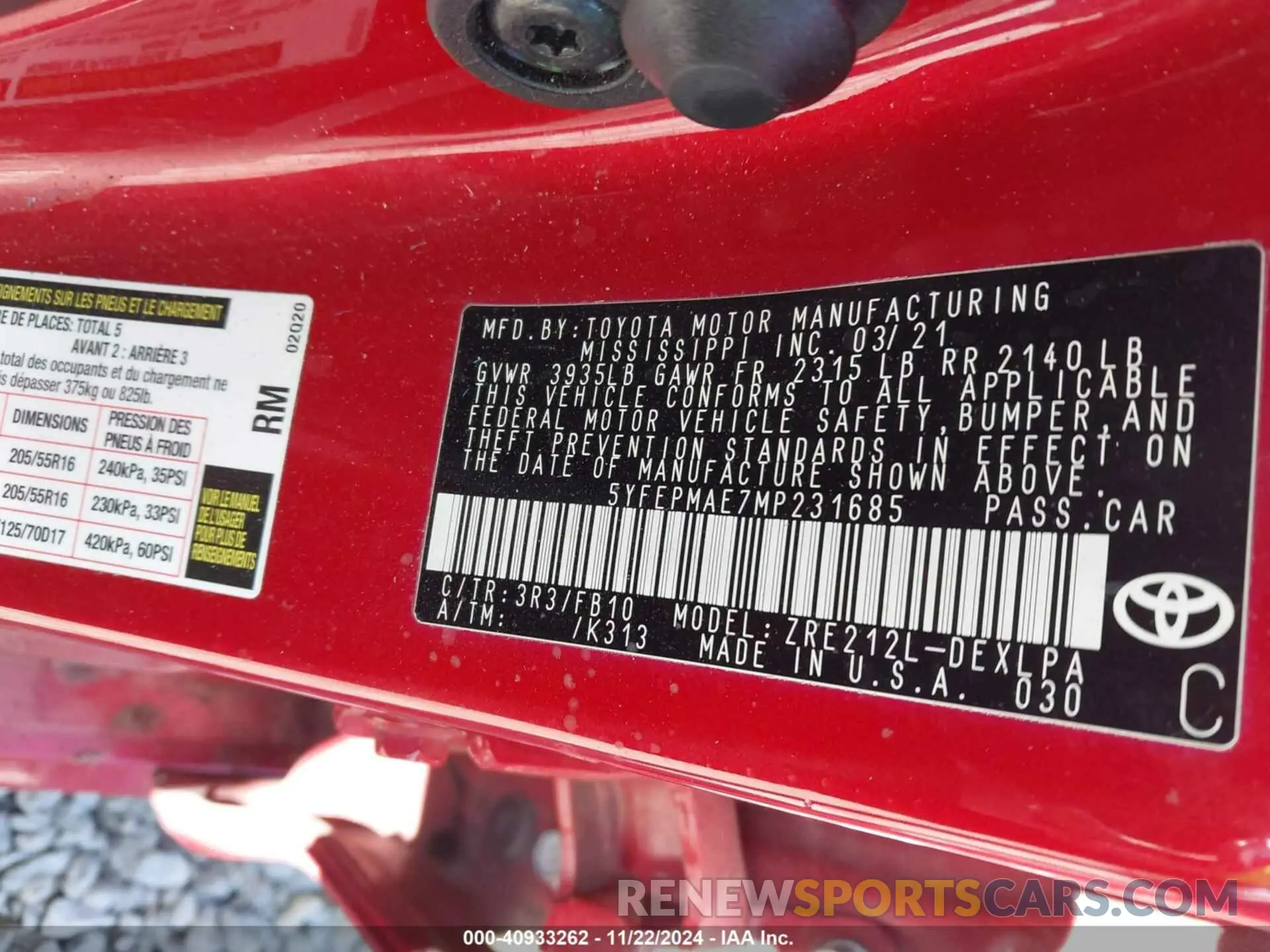 9 fotografías del automóvil dañado 5YFEPMAE7MP231685 TOYOTA COROLLA 2021