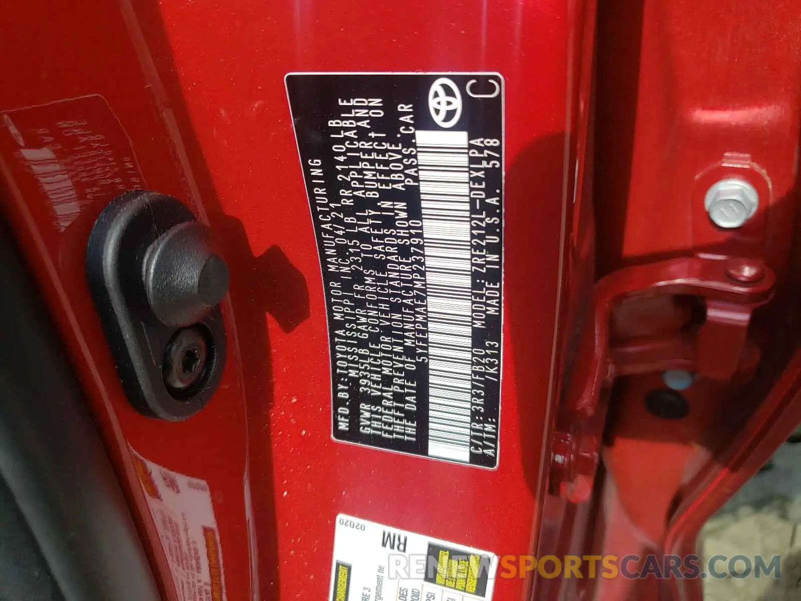 10 fotografías del automóvil dañado 5YFEPMAE7MP237910 TOYOTA COROLLA 2021