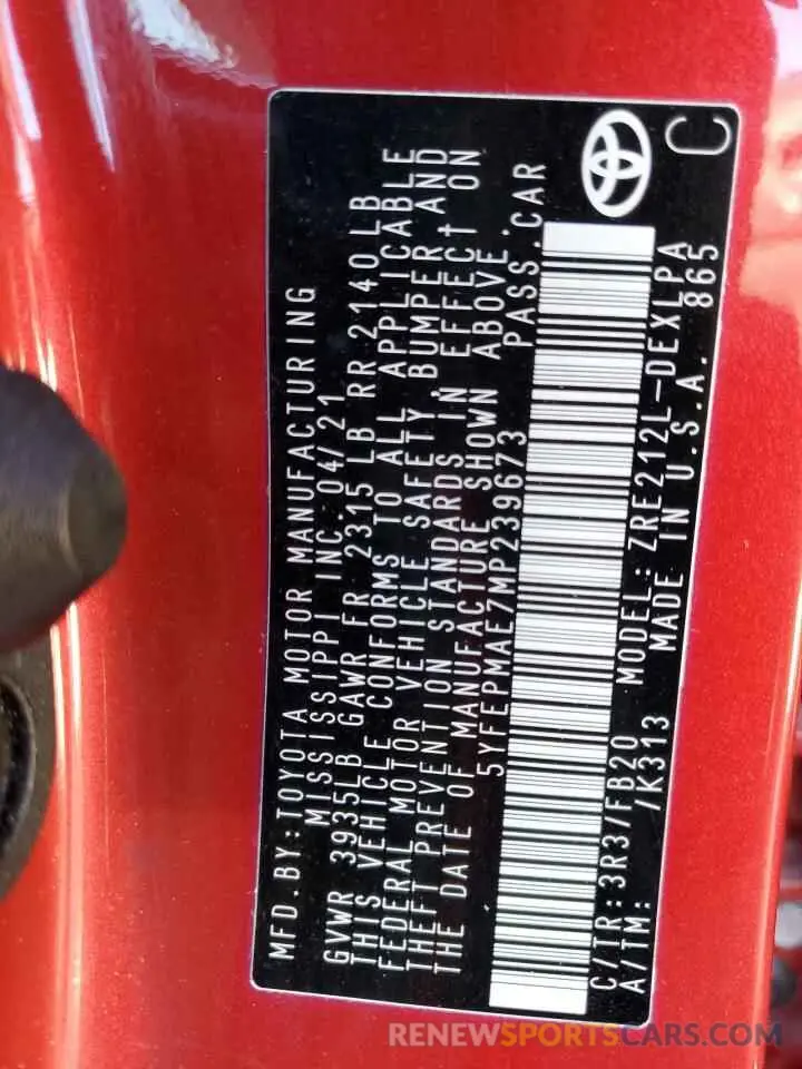 13 fotografías del automóvil dañado 5YFEPMAE7MP239673 TOYOTA COROLLA 2021