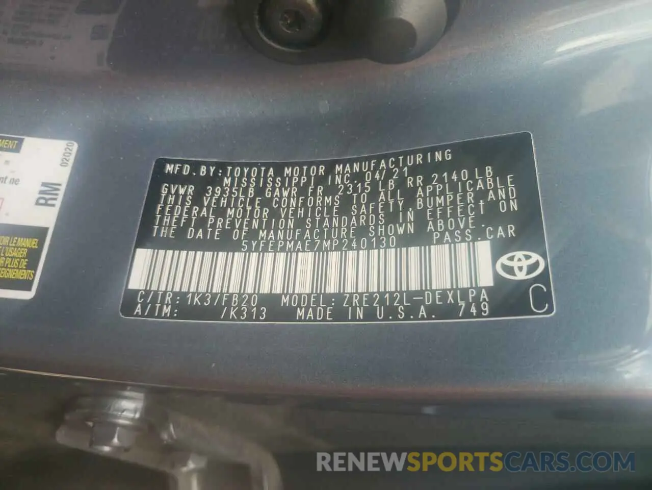 10 fotografías del automóvil dañado 5YFEPMAE7MP240130 TOYOTA COROLLA 2021