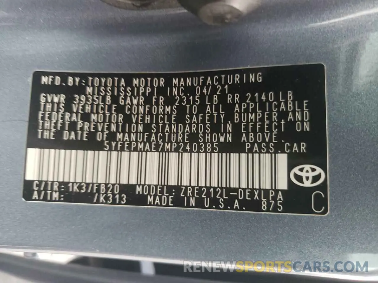 12 fotografías del automóvil dañado 5YFEPMAE7MP240385 TOYOTA COROLLA 2021