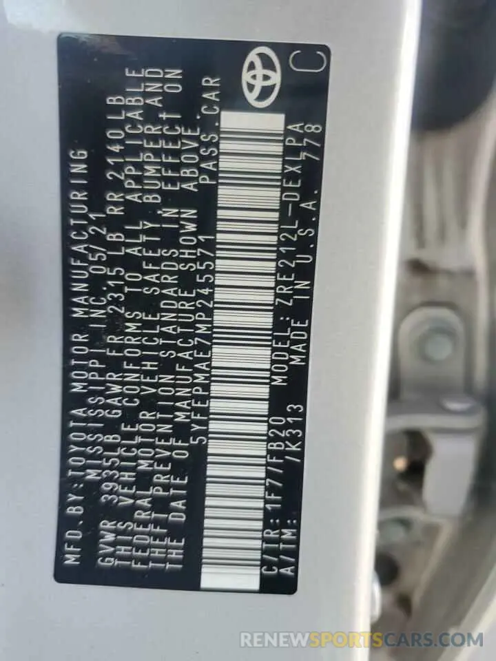 12 fotografías del automóvil dañado 5YFEPMAE7MP245571 TOYOTA COROLLA 2021