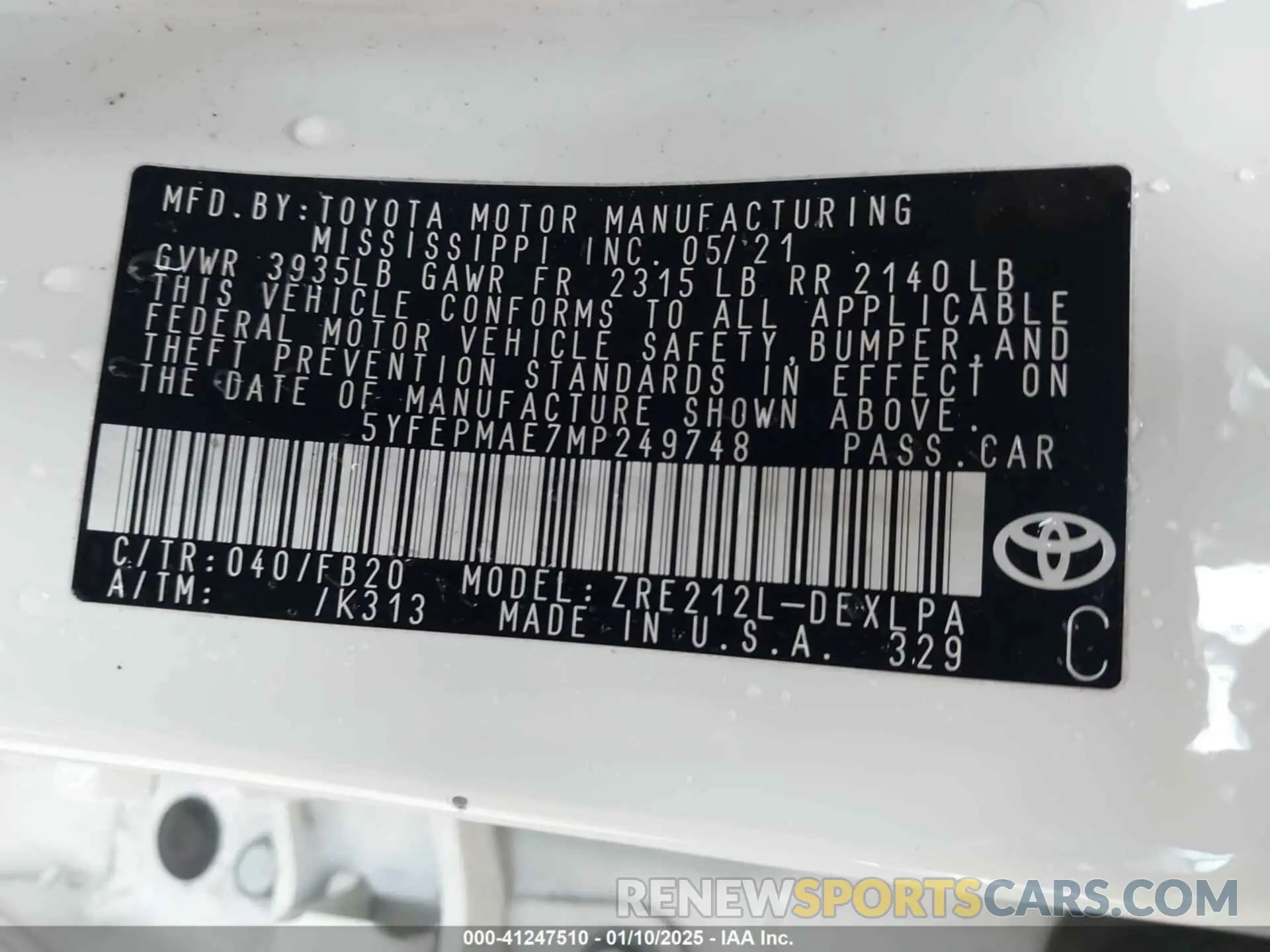 9 fotografías del automóvil dañado 5YFEPMAE7MP249748 TOYOTA COROLLA 2021