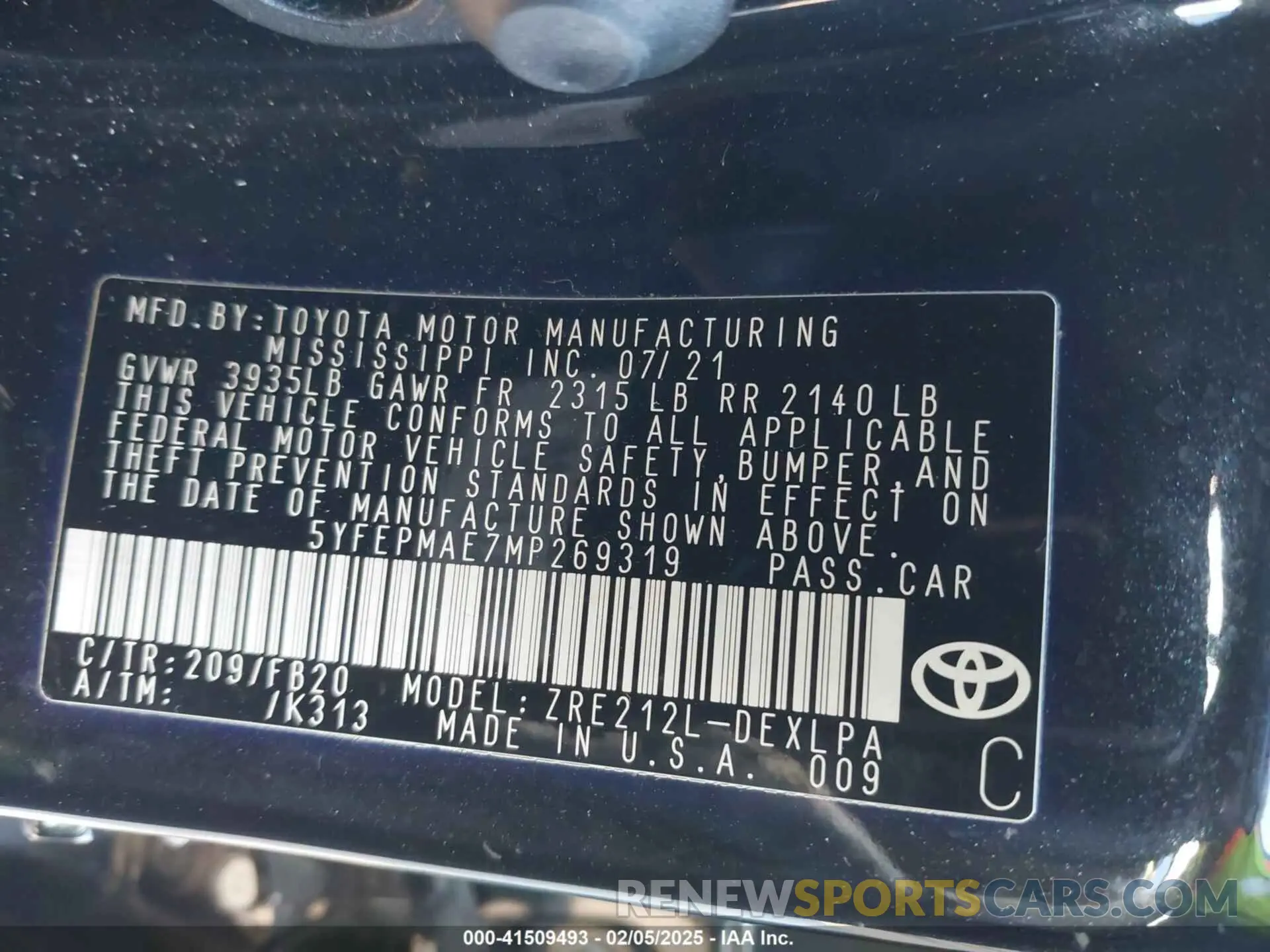 9 fotografías del automóvil dañado 5YFEPMAE7MP269319 TOYOTA COROLLA 2021