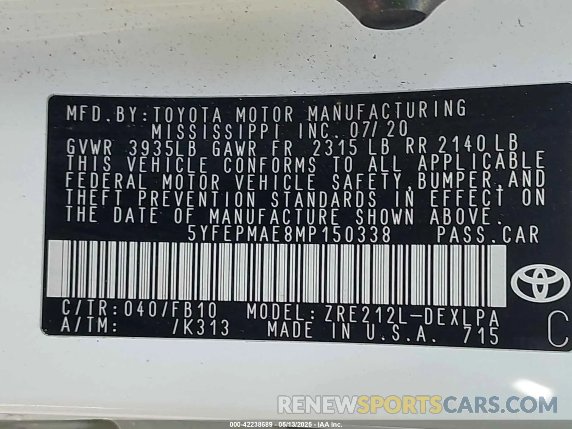 9 fotografías del automóvil dañado 5YFEPMAE8MP150338 TOYOTA COROLLA 2021