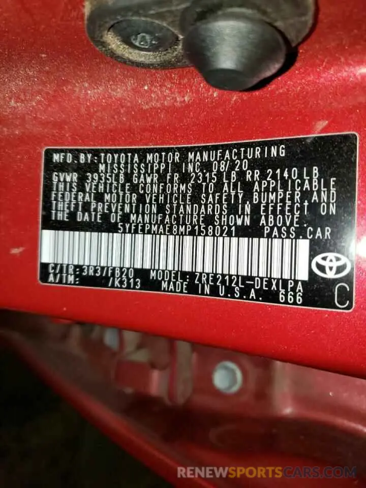 10 fotografías del automóvil dañado 5YFEPMAE8MP158021 TOYOTA COROLLA 2021