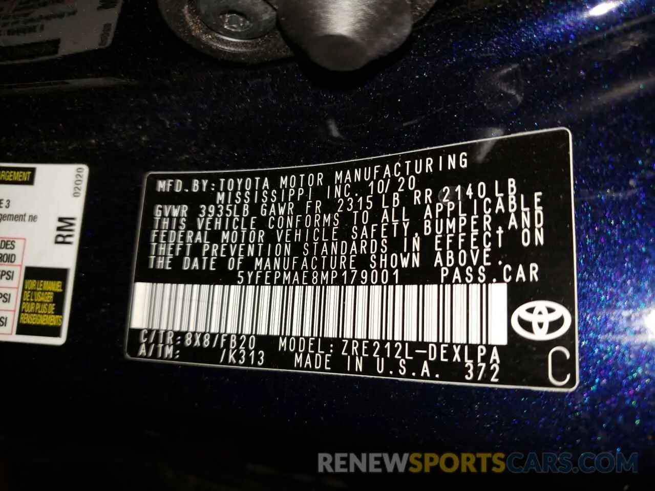 10 fotografías del automóvil dañado 5YFEPMAE8MP179001 TOYOTA COROLLA 2021
