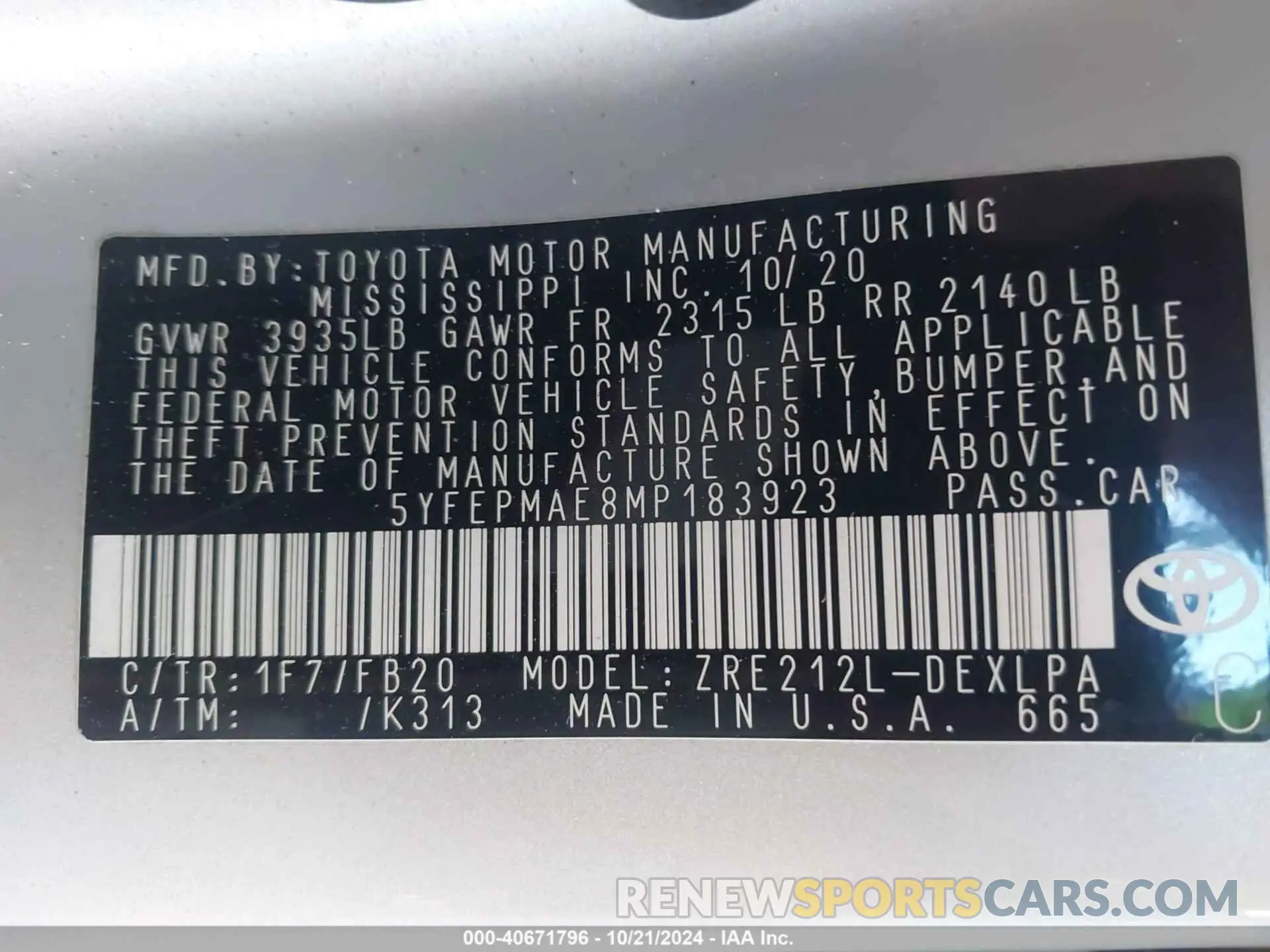 9 fotografías del automóvil dañado 5YFEPMAE8MP183923 TOYOTA COROLLA 2021