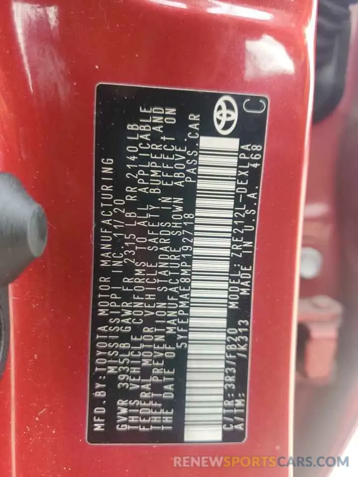 14 fotografías del automóvil dañado 5YFEPMAE8MP192718 TOYOTA COROLLA 2021