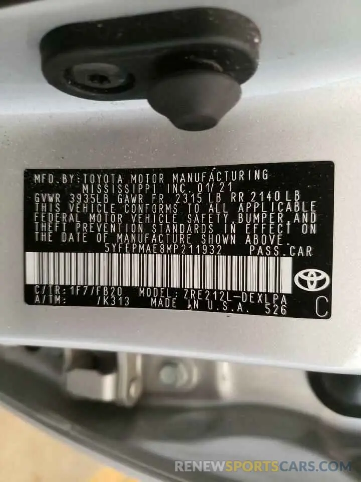 10 fotografías del automóvil dañado 5YFEPMAE8MP211932 TOYOTA COROLLA 2021