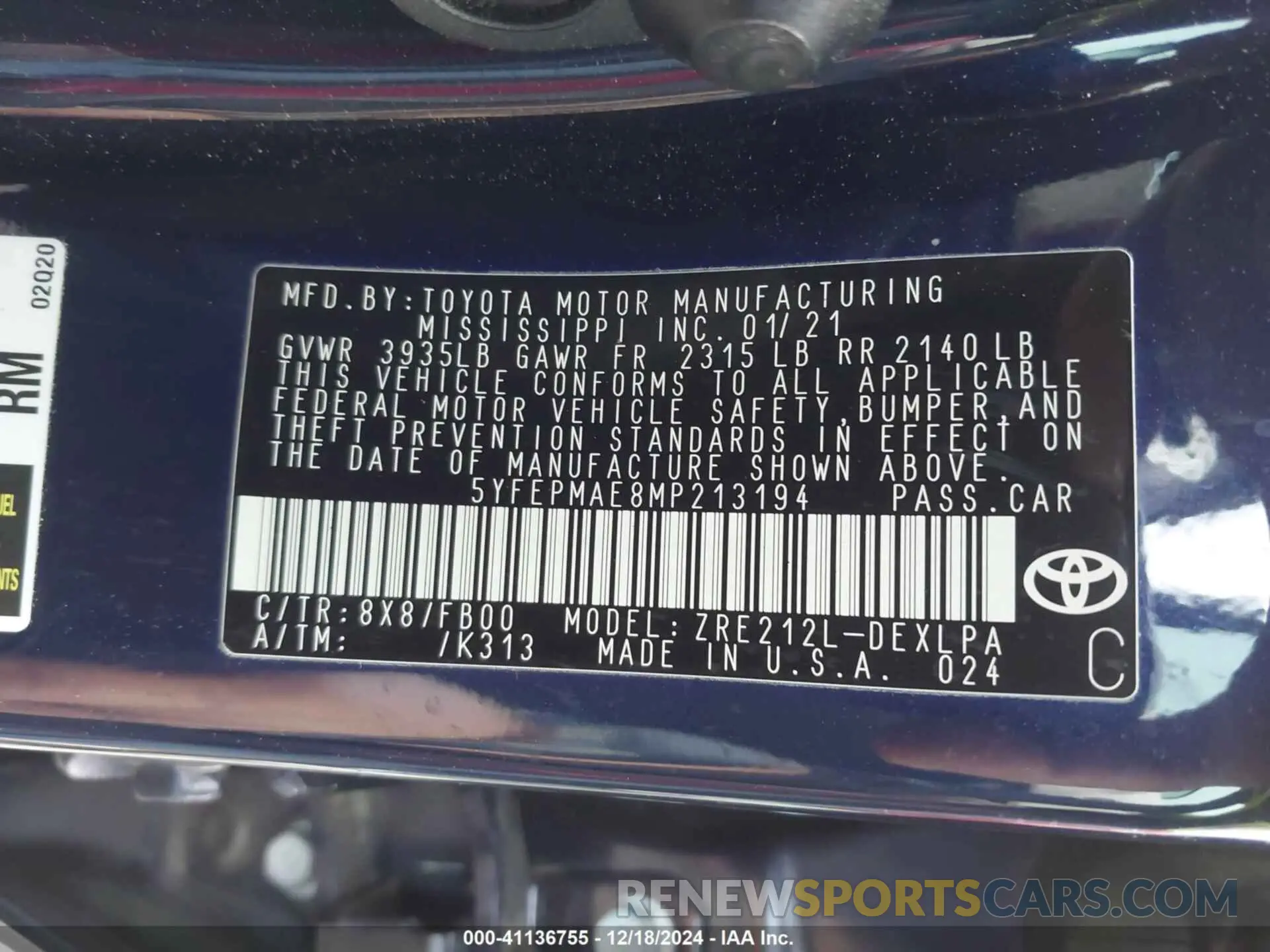 9 fotografías del automóvil dañado 5YFEPMAE8MP213194 TOYOTA COROLLA 2021