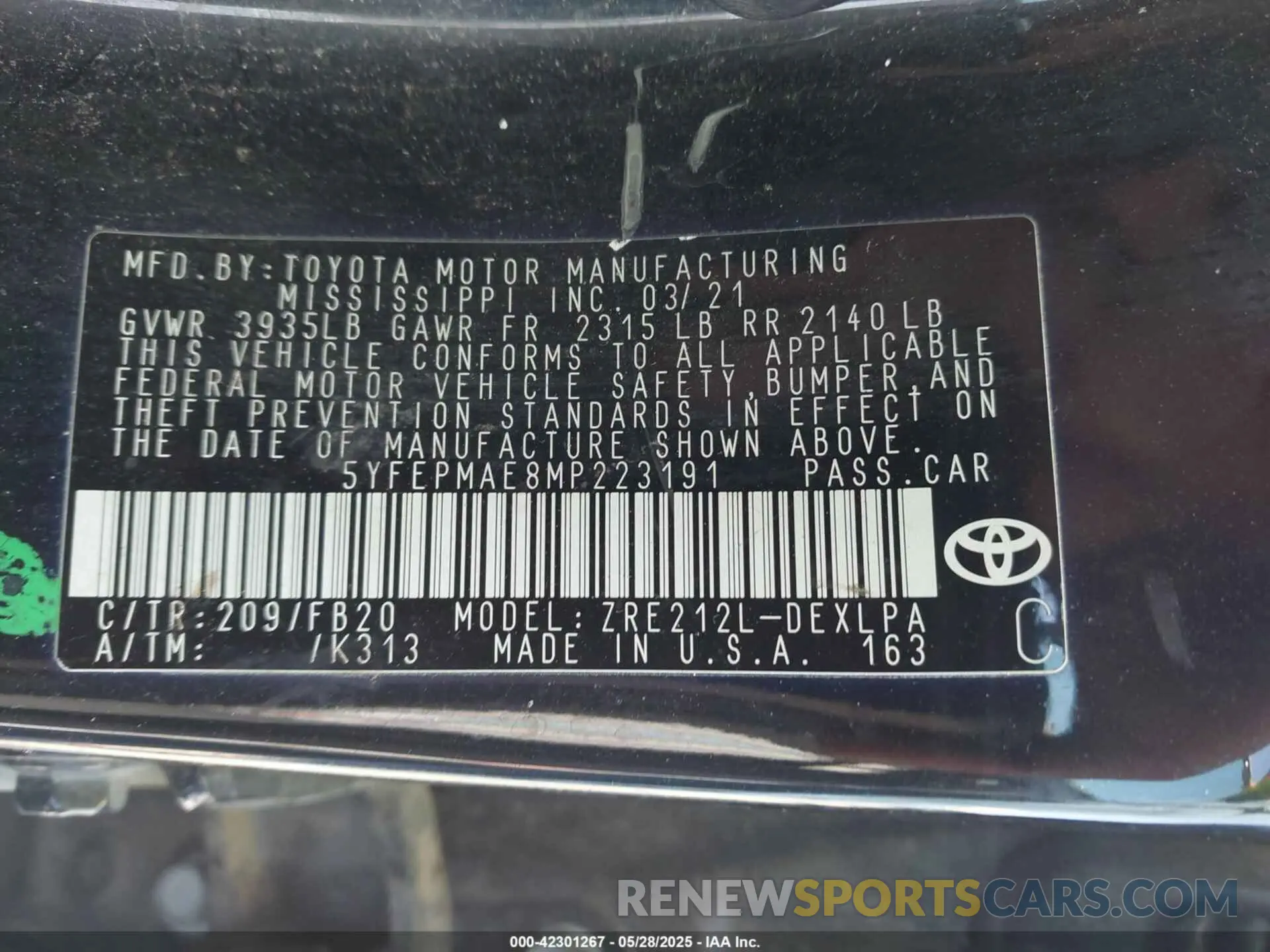 9 fotografías del automóvil dañado 5YFEPMAE8MP223191 TOYOTA COROLLA 2021