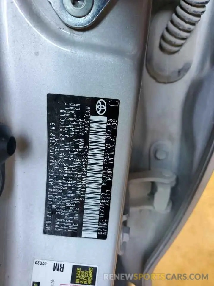 12 fotografías del automóvil dañado 5YFEPMAE8MP225345 TOYOTA COROLLA 2021