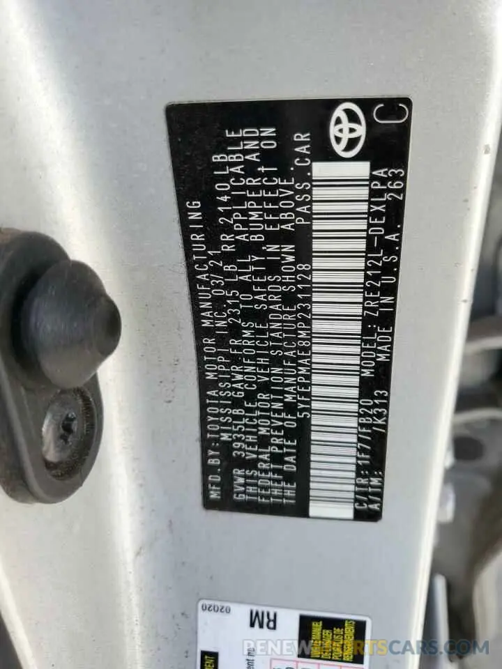 12 fotografías del automóvil dañado 5YFEPMAE8MP231128 TOYOTA COROLLA 2021