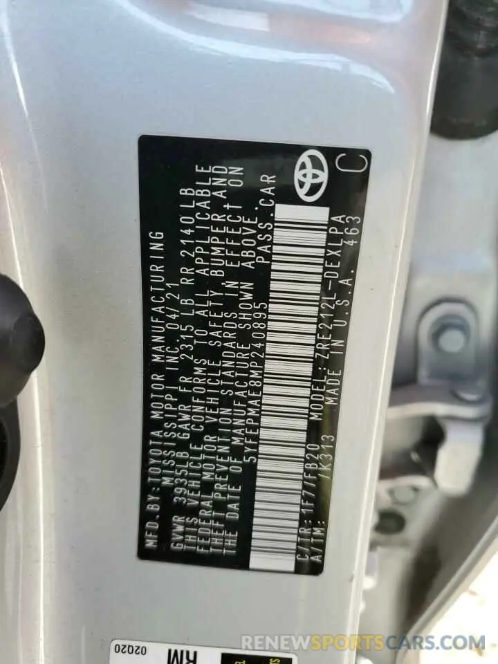 12 fotografías del automóvil dañado 5YFEPMAE8MP240895 TOYOTA COROLLA 2021