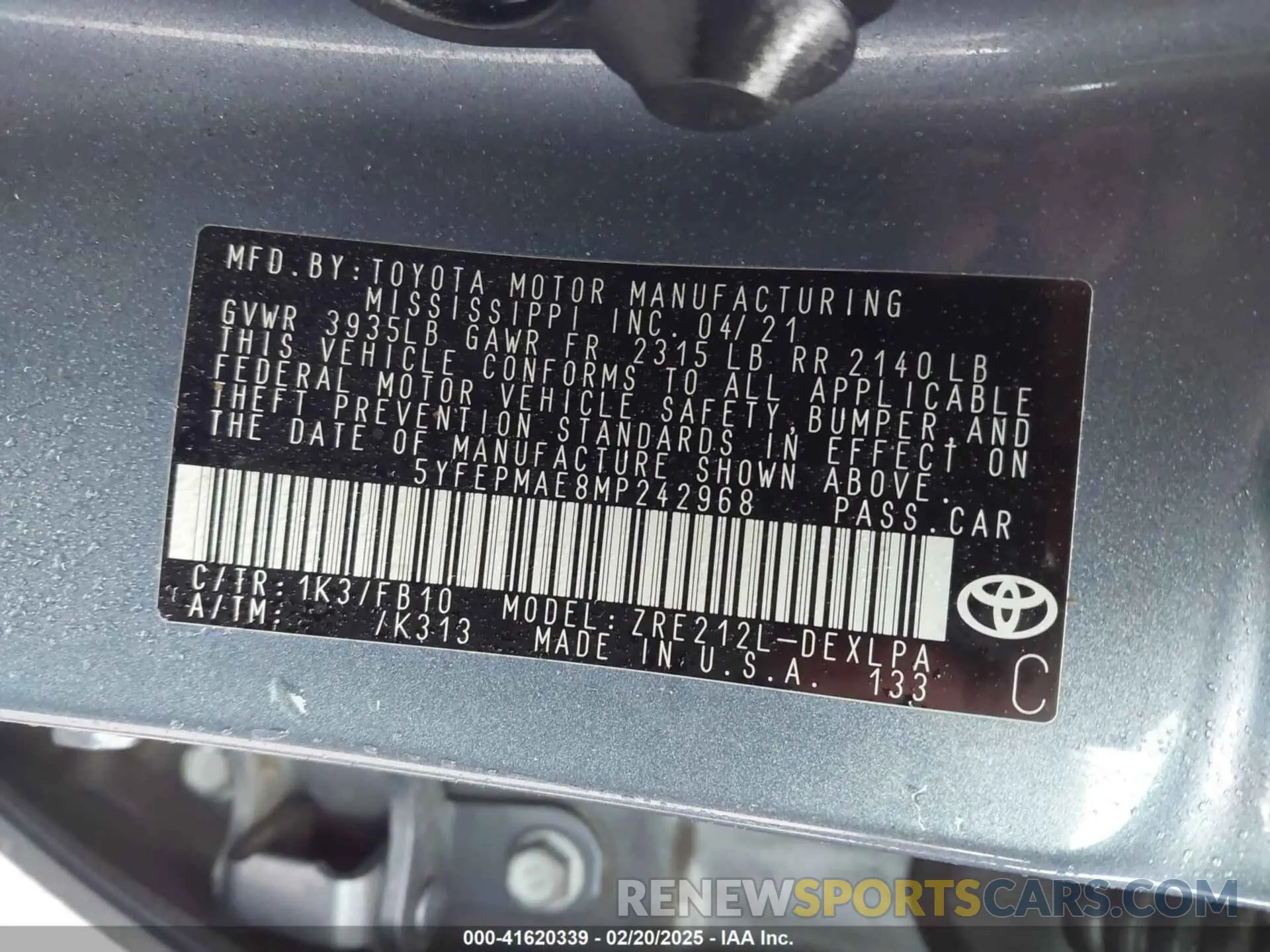 9 fotografías del automóvil dañado 5YFEPMAE8MP242968 TOYOTA COROLLA 2021