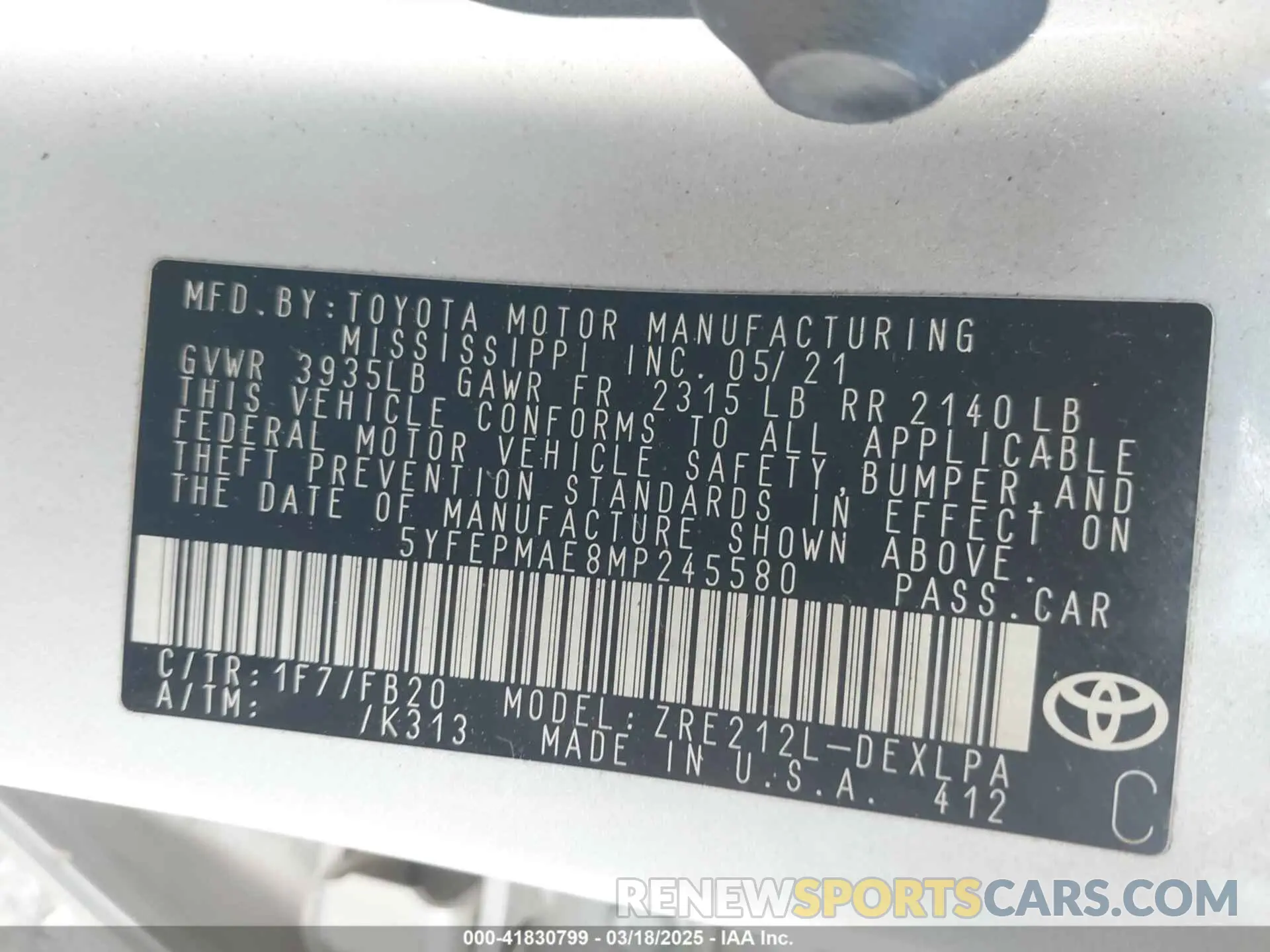 9 fotografías del automóvil dañado 5YFEPMAE8MP245580 TOYOTA COROLLA 2021