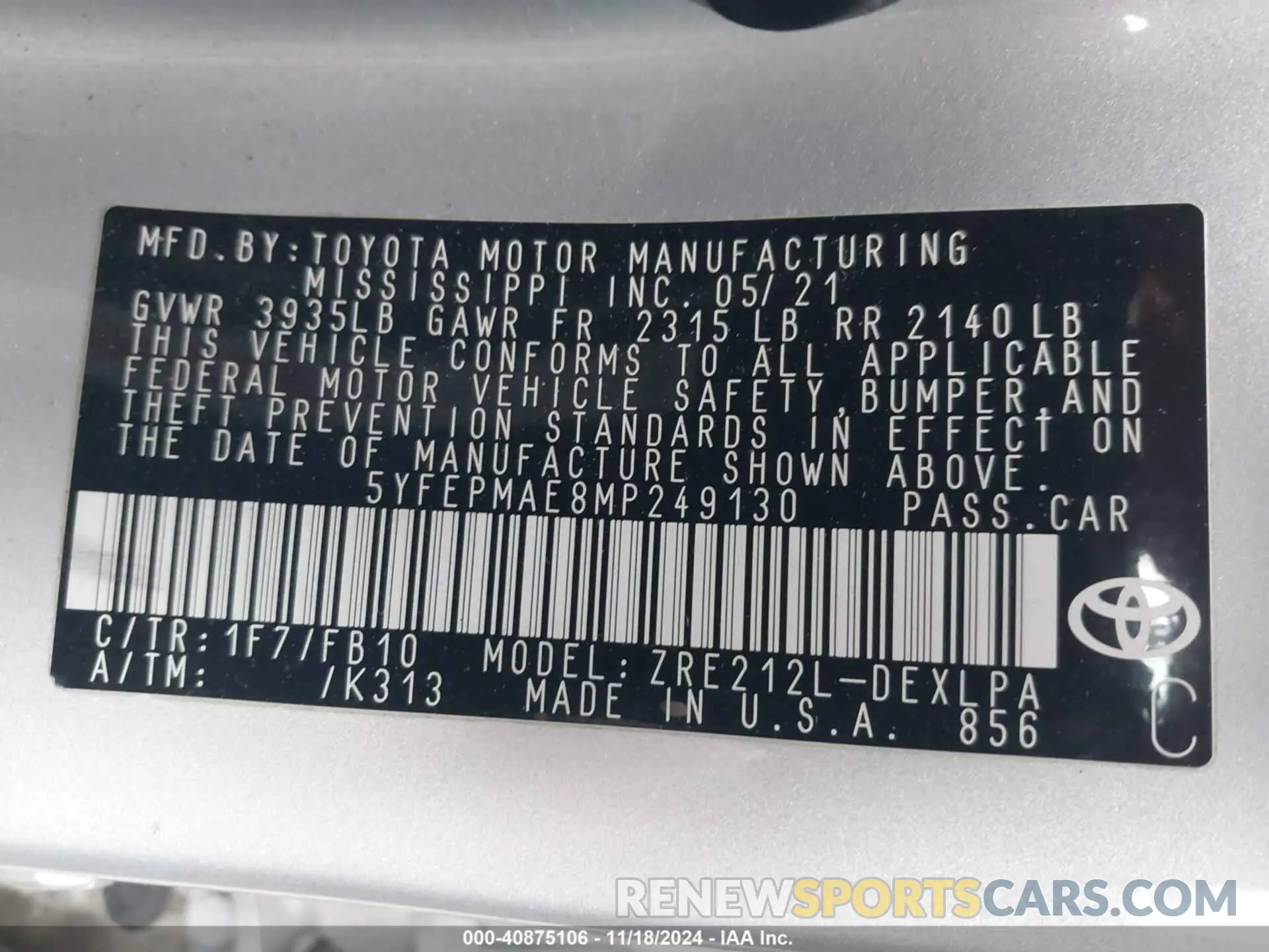 9 fotografías del automóvil dañado 5YFEPMAE8MP249130 TOYOTA COROLLA 2021