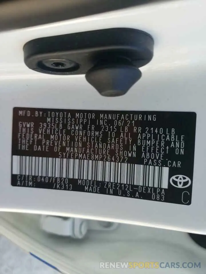 10 fotografías del automóvil dañado 5YFEPMAE8MP264372 TOYOTA COROLLA 2021