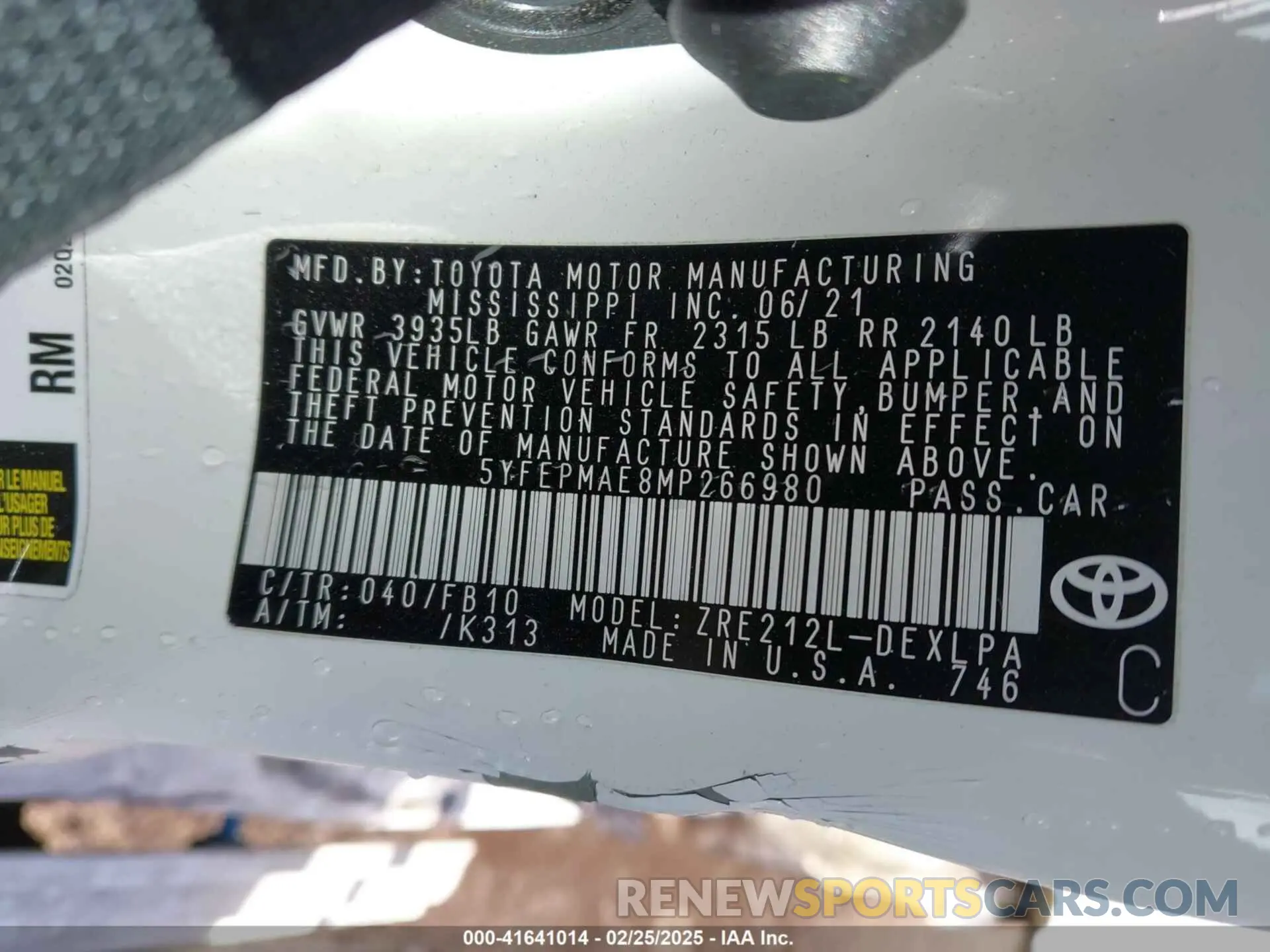 9 fotografías del automóvil dañado 5YFEPMAE8MP266980 TOYOTA COROLLA 2021