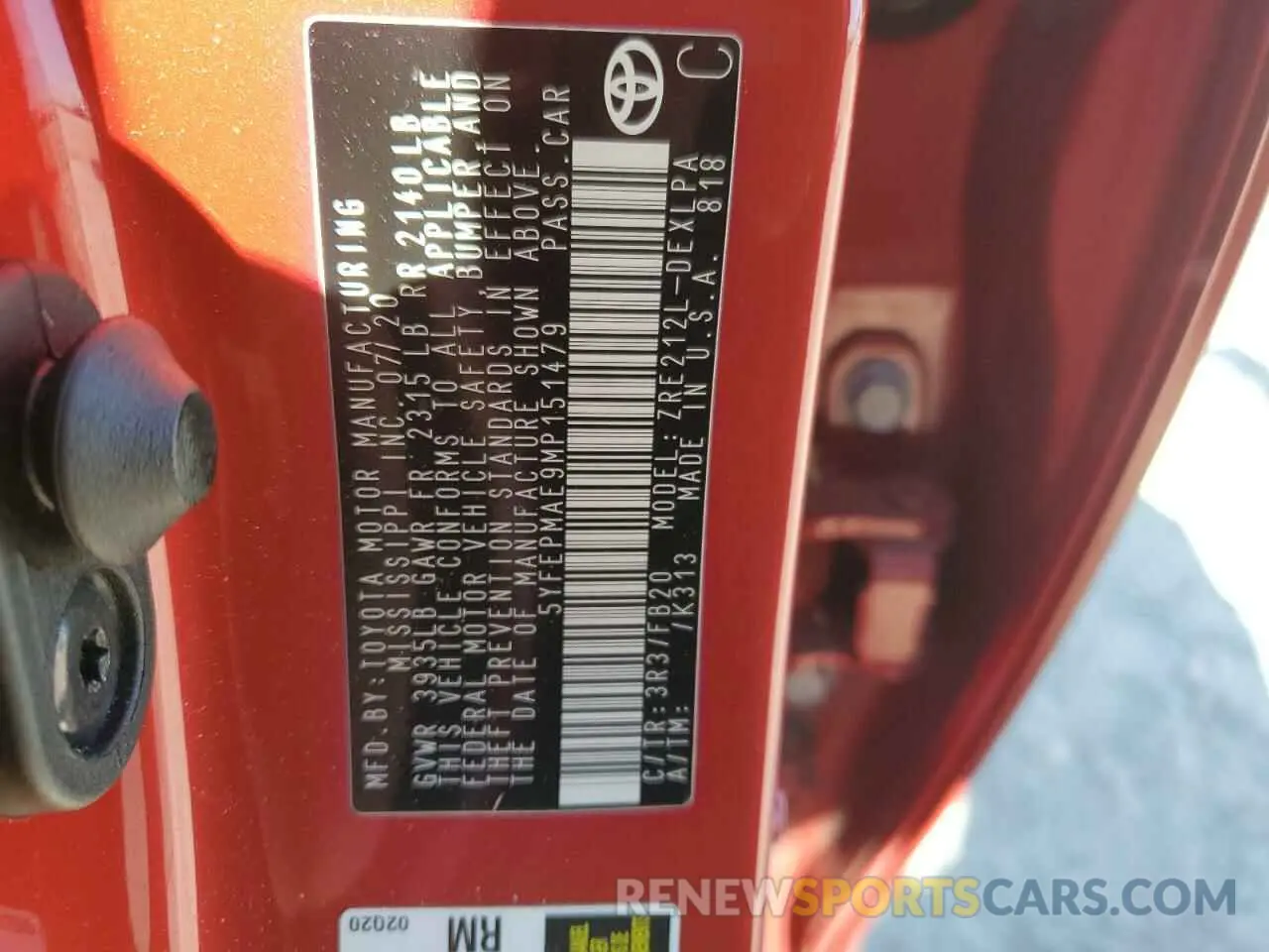 12 fotografías del automóvil dañado 5YFEPMAE9MP151479 TOYOTA COROLLA 2021