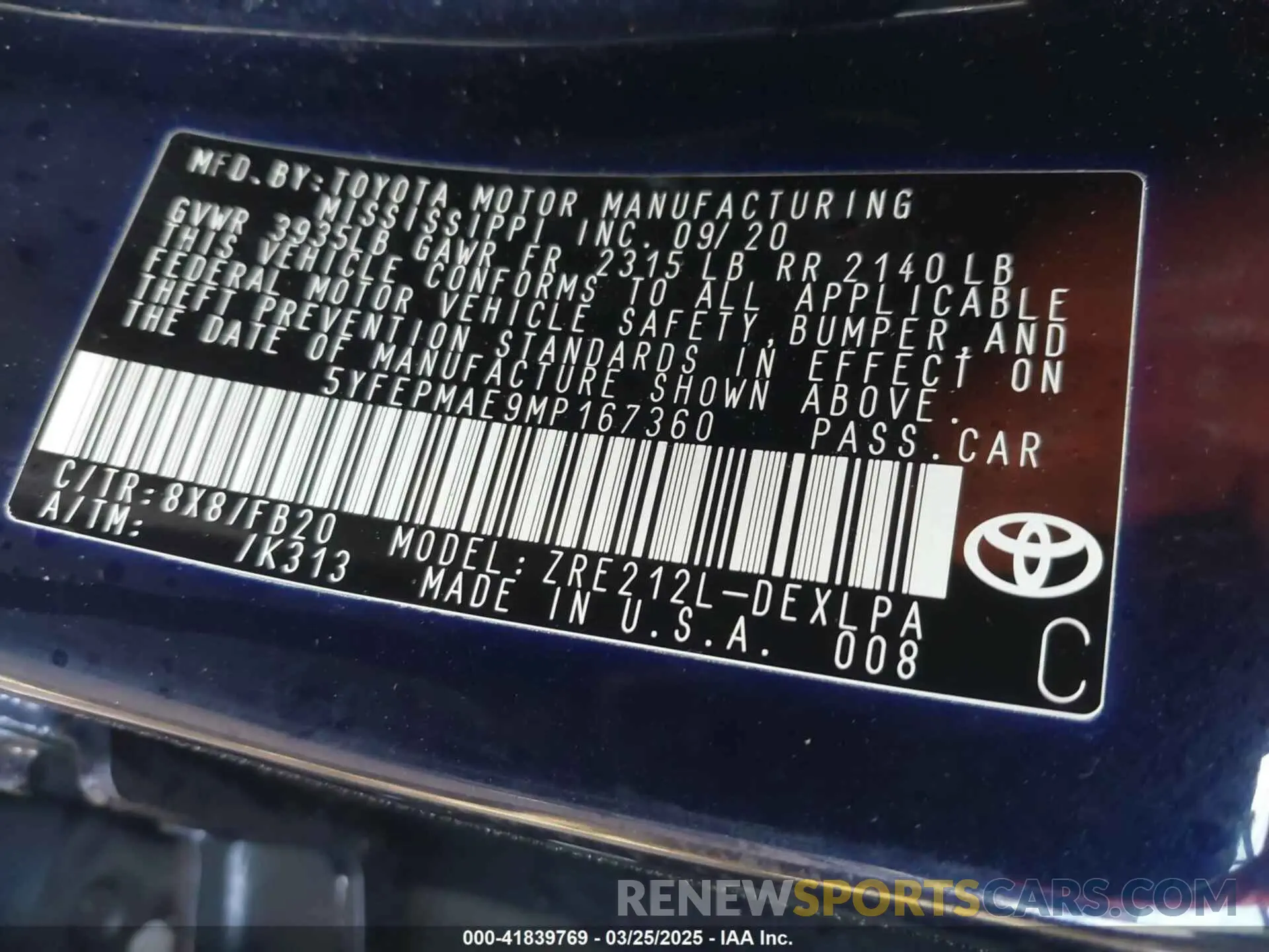 9 fotografías del automóvil dañado 5YFEPMAE9MP167360 TOYOTA COROLLA 2021