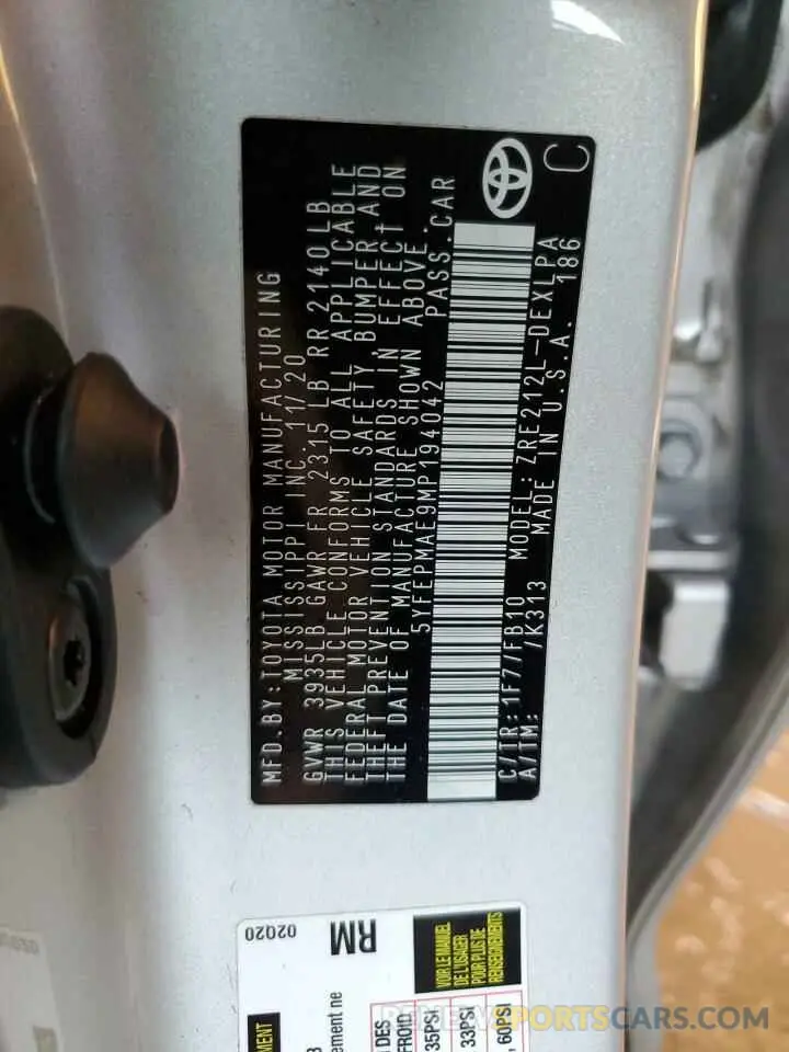 13 fotografías del automóvil dañado 5YFEPMAE9MP194042 TOYOTA COROLLA 2021