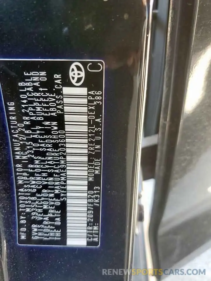 12 fotografías del automóvil dañado 5YFEPMAE9MP203600 TOYOTA COROLLA 2021