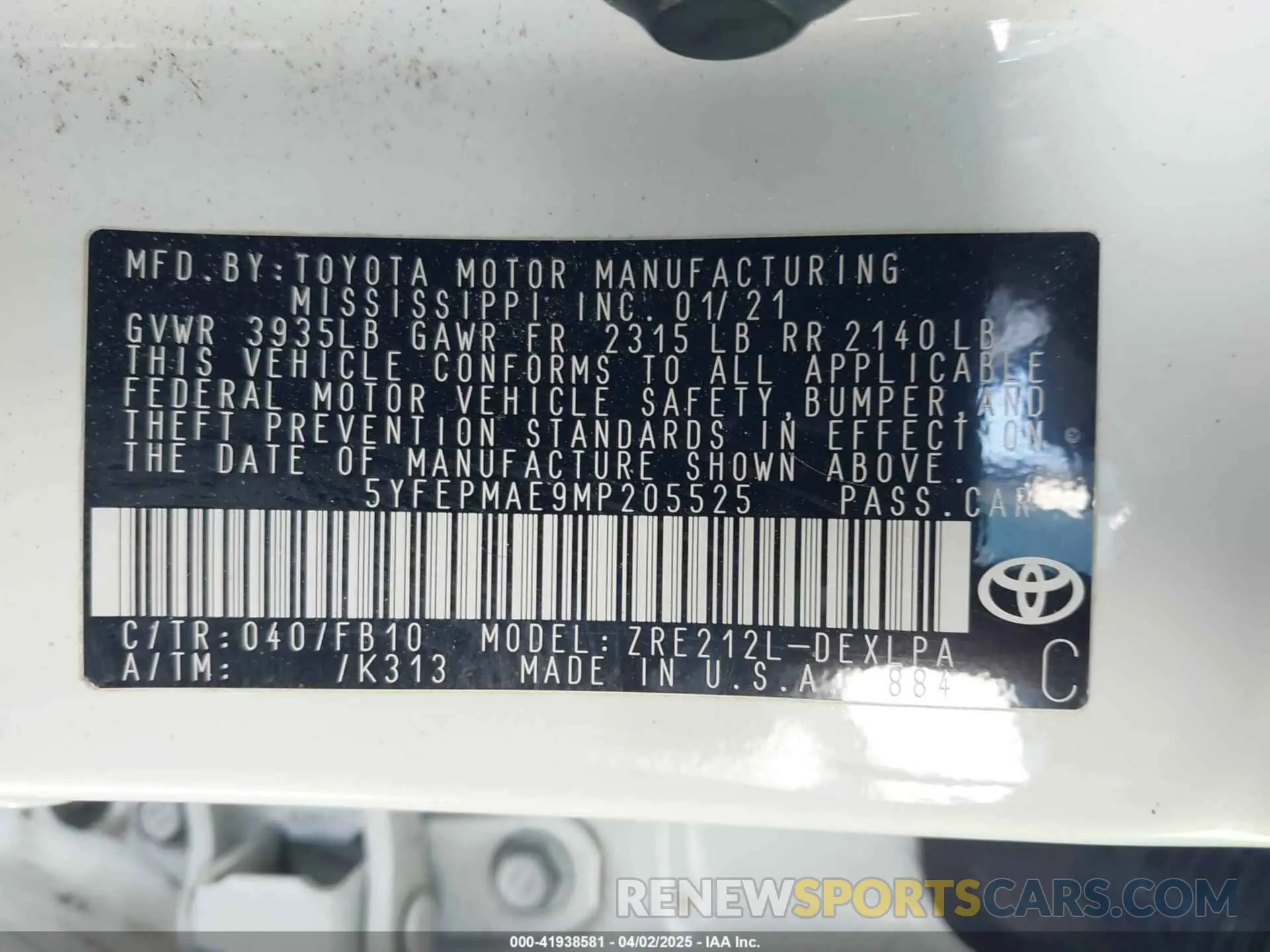 9 fotografías del automóvil dañado 5YFEPMAE9MP205525 TOYOTA COROLLA 2021