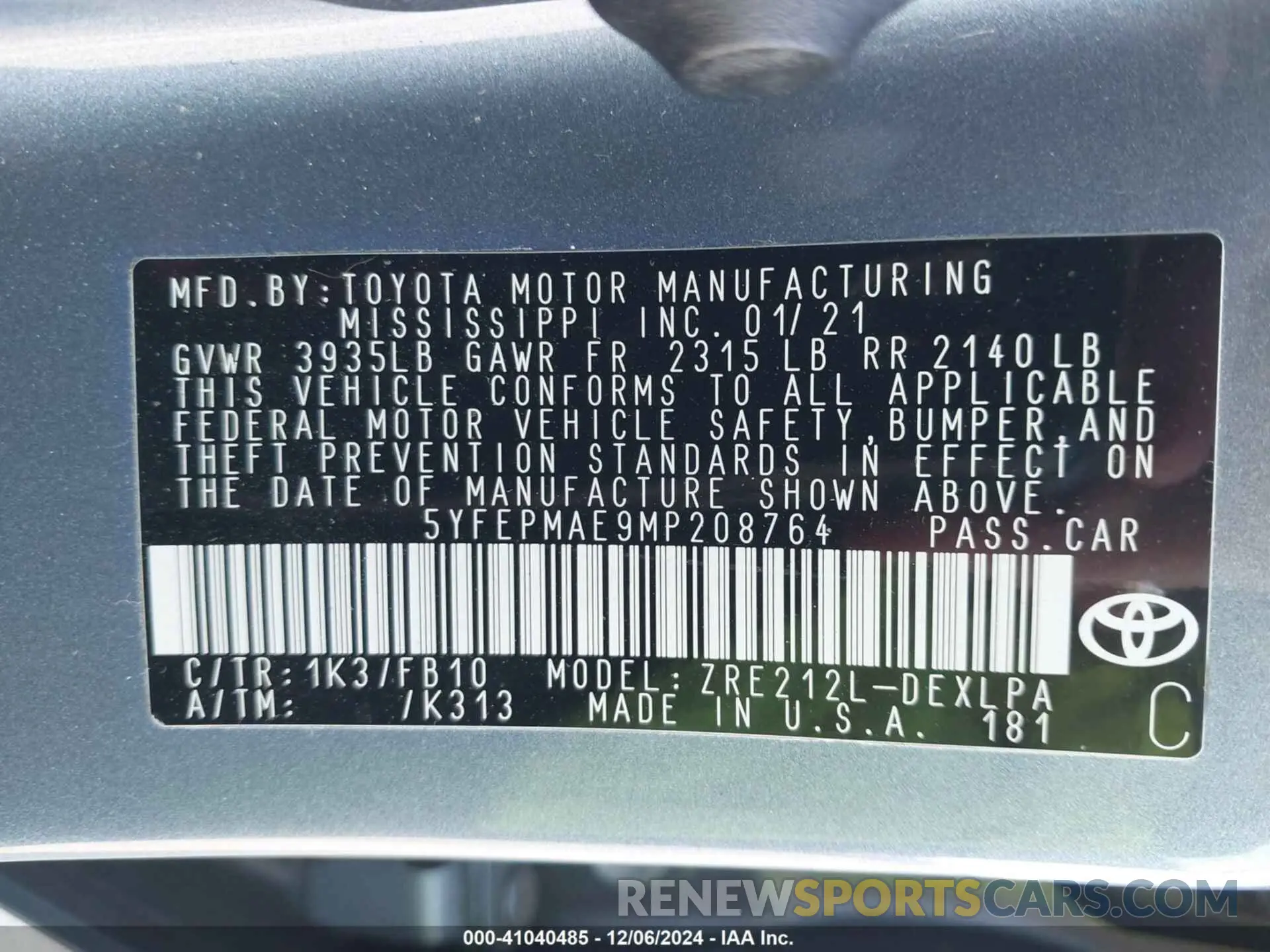 9 fotografías del automóvil dañado 5YFEPMAE9MP208764 TOYOTA COROLLA 2021