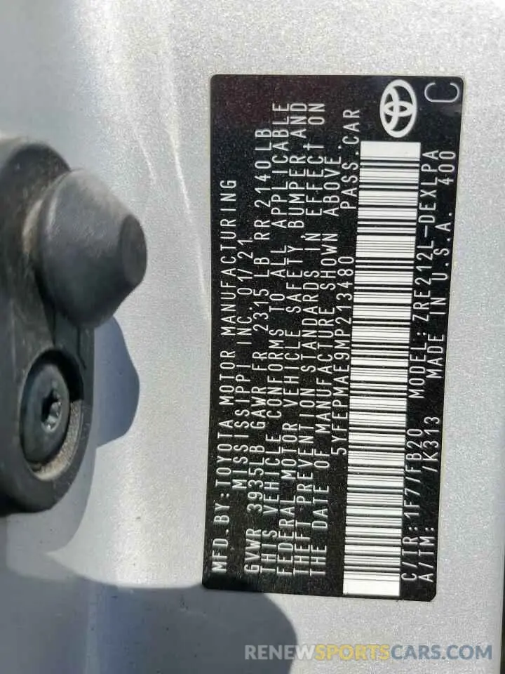 15 fotografías del automóvil dañado 5YFEPMAE9MP213480 TOYOTA COROLLA 2021