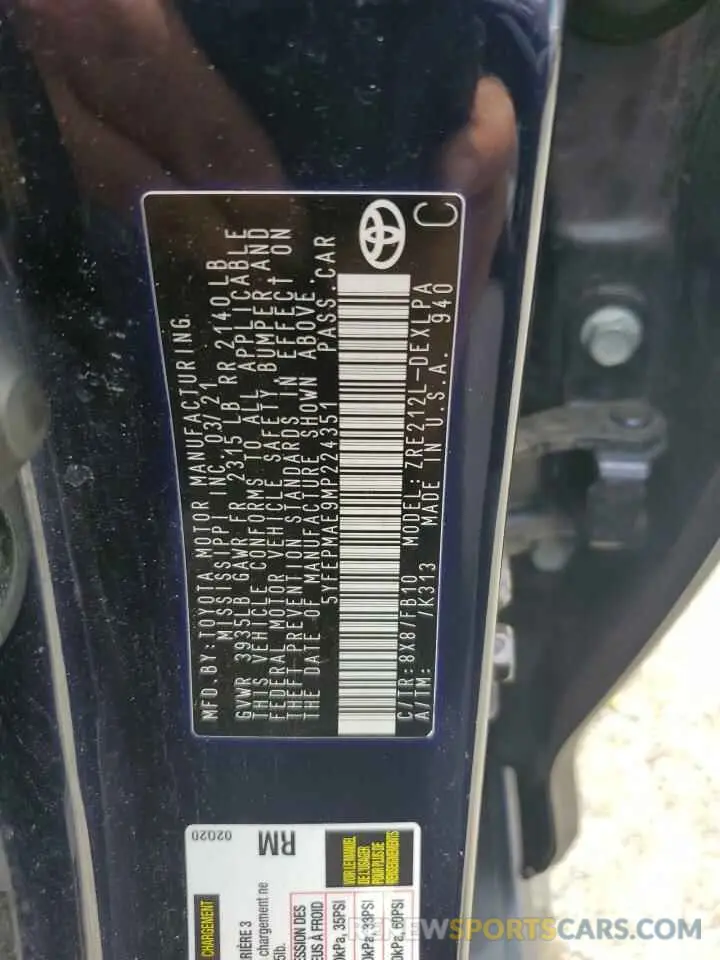 12 fotografías del automóvil dañado 5YFEPMAE9MP224351 TOYOTA COROLLA 2021