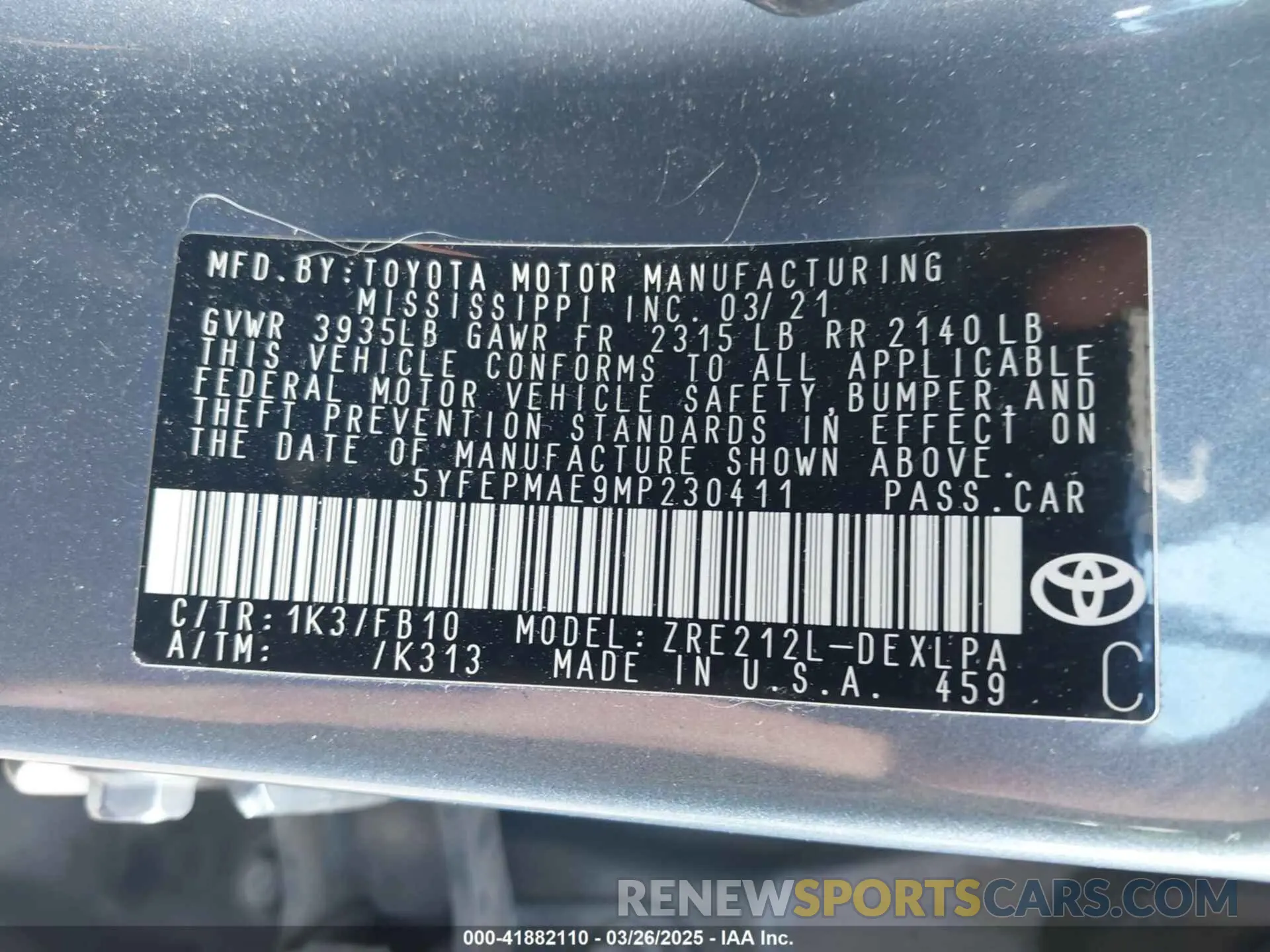 9 fotografías del automóvil dañado 5YFEPMAE9MP230411 TOYOTA COROLLA 2021