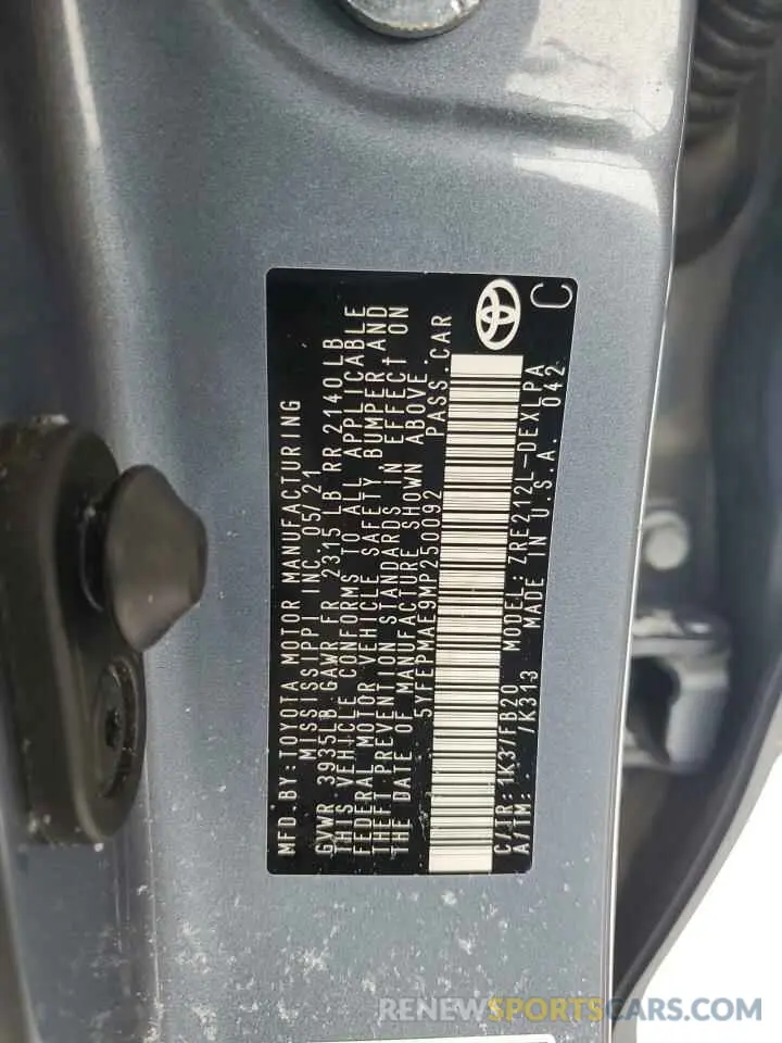 12 fotografías del automóvil dañado 5YFEPMAE9MP250092 TOYOTA COROLLA 2021