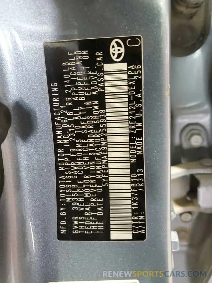 12 fotografías del automóvil dañado 5YFEPMAE9MP255938 TOYOTA COROLLA 2021