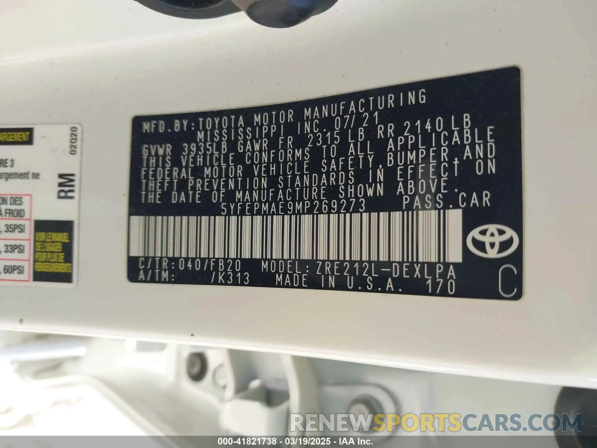 9 fotografías del automóvil dañado 5YFEPMAE9MP269273 TOYOTA COROLLA 2021