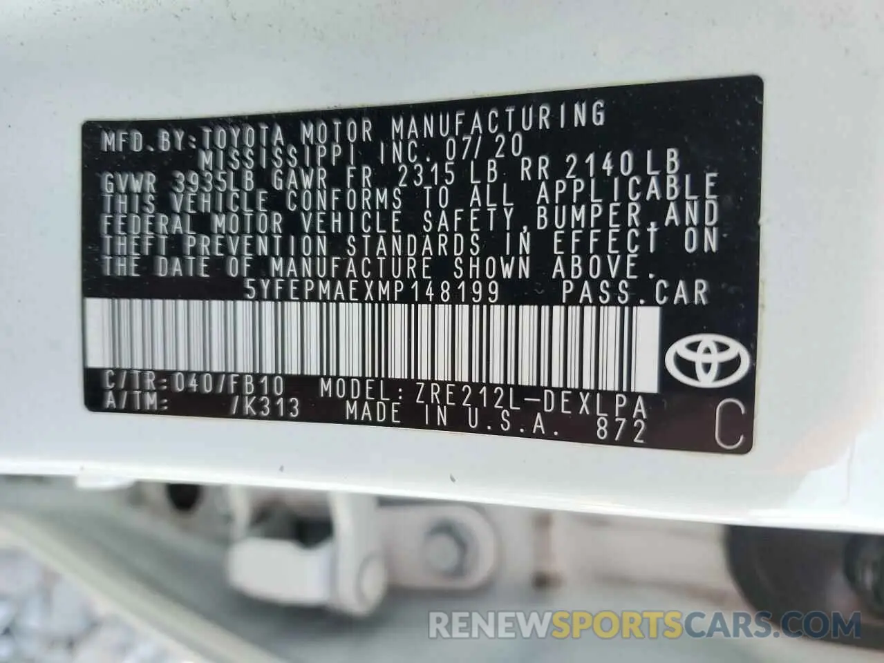 12 fotografías del automóvil dañado 5YFEPMAEXMP148199 TOYOTA COROLLA 2021
