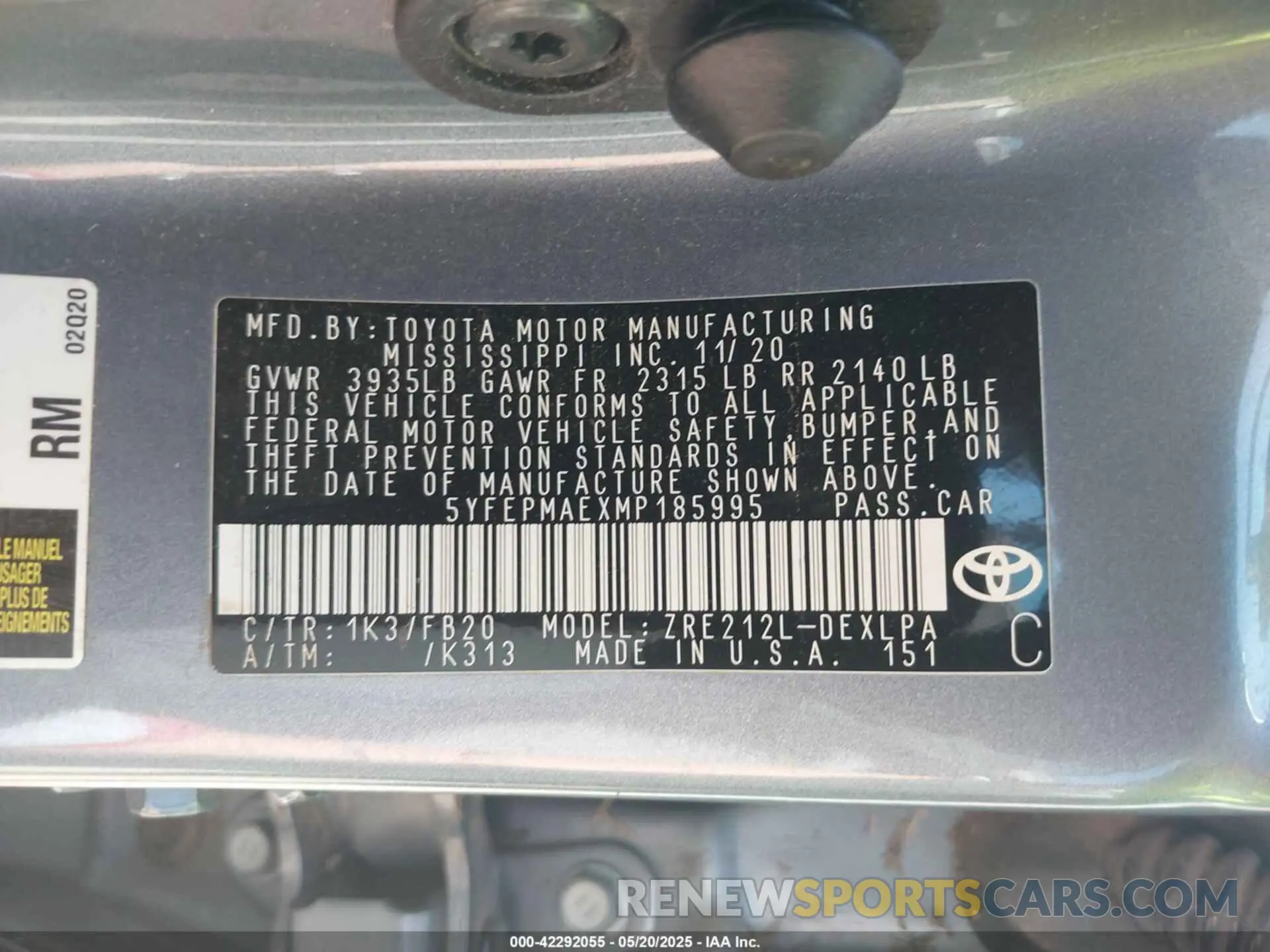 9 fotografías del automóvil dañado 5YFEPMAEXMP185995 TOYOTA COROLLA 2021