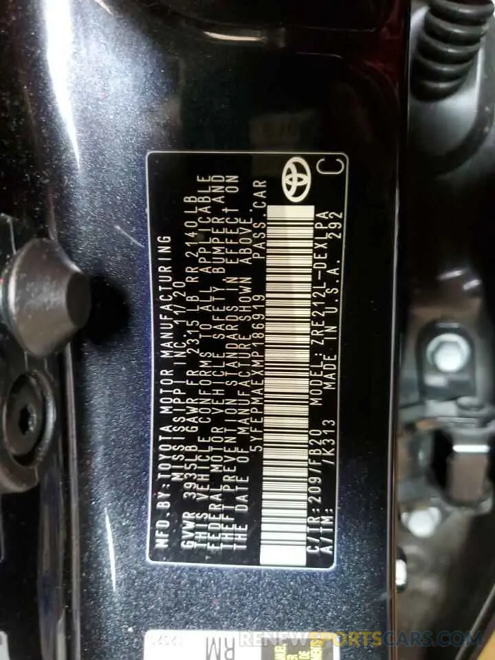 12 fotografías del automóvil dañado 5YFEPMAEXMP186919 TOYOTA COROLLA 2021