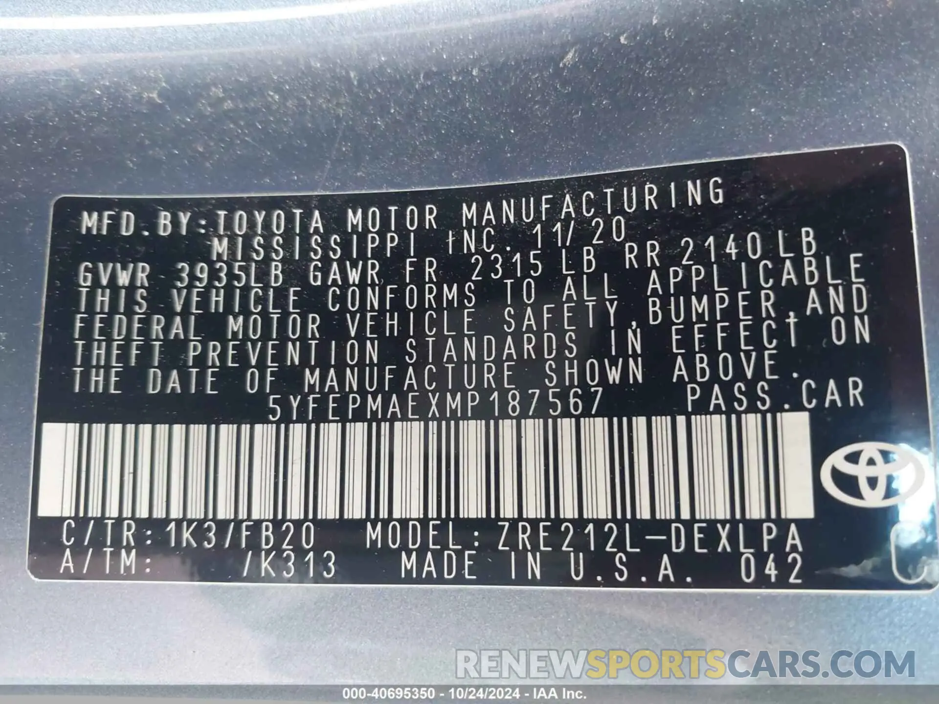 9 fotografías del automóvil dañado 5YFEPMAEXMP187567 TOYOTA COROLLA 2021