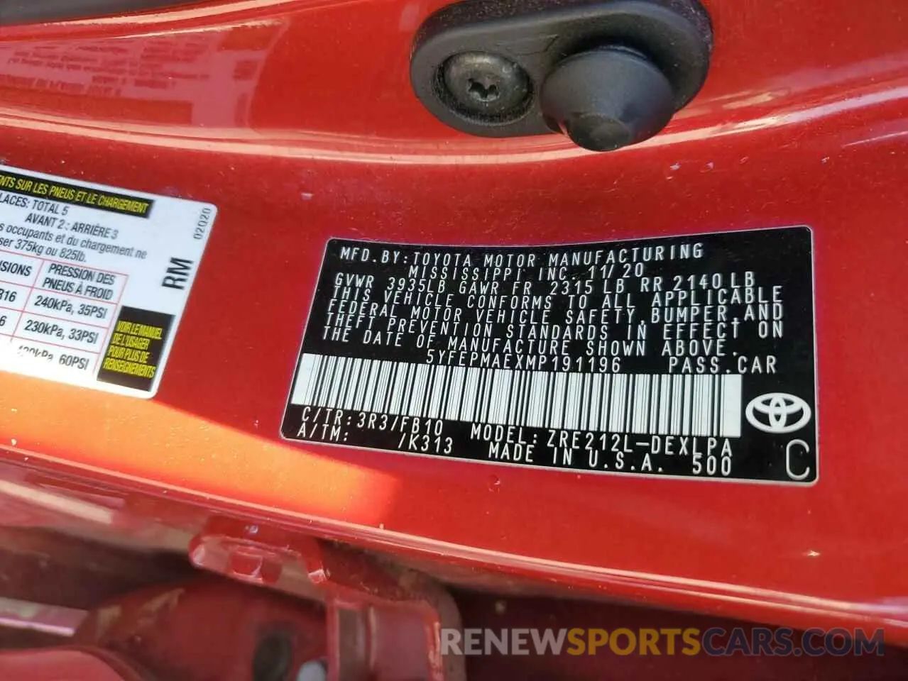 14 fotografías del automóvil dañado 5YFEPMAEXMP191196 TOYOTA COROLLA 2021