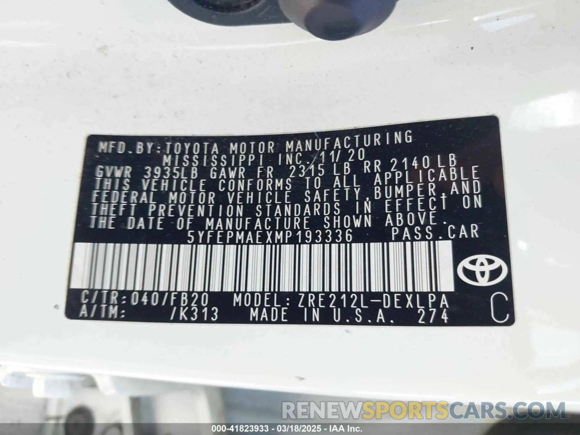 9 fotografías del automóvil dañado 5YFEPMAEXMP193336 TOYOTA COROLLA 2021