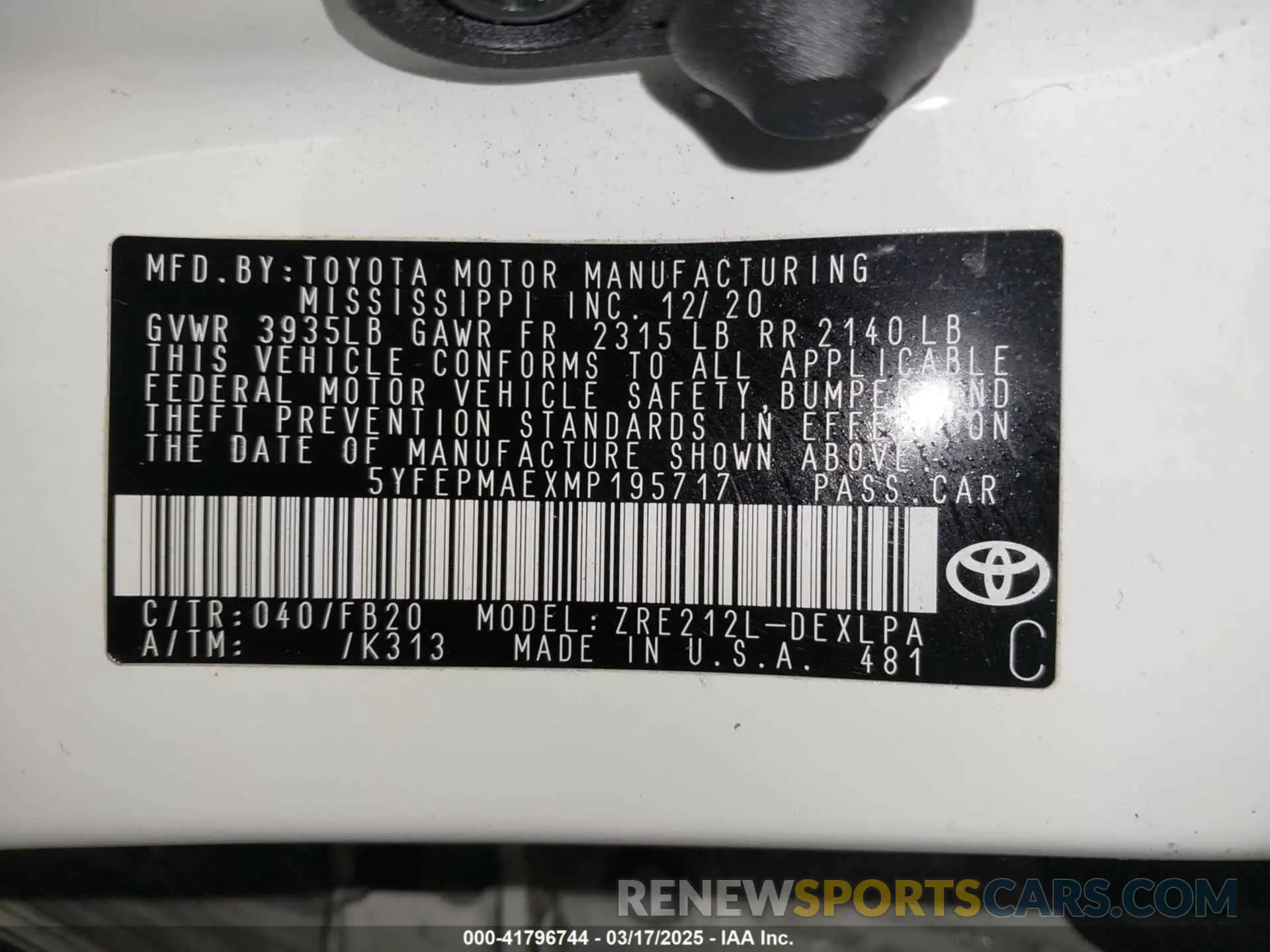 9 fotografías del automóvil dañado 5YFEPMAEXMP195717 TOYOTA COROLLA 2021