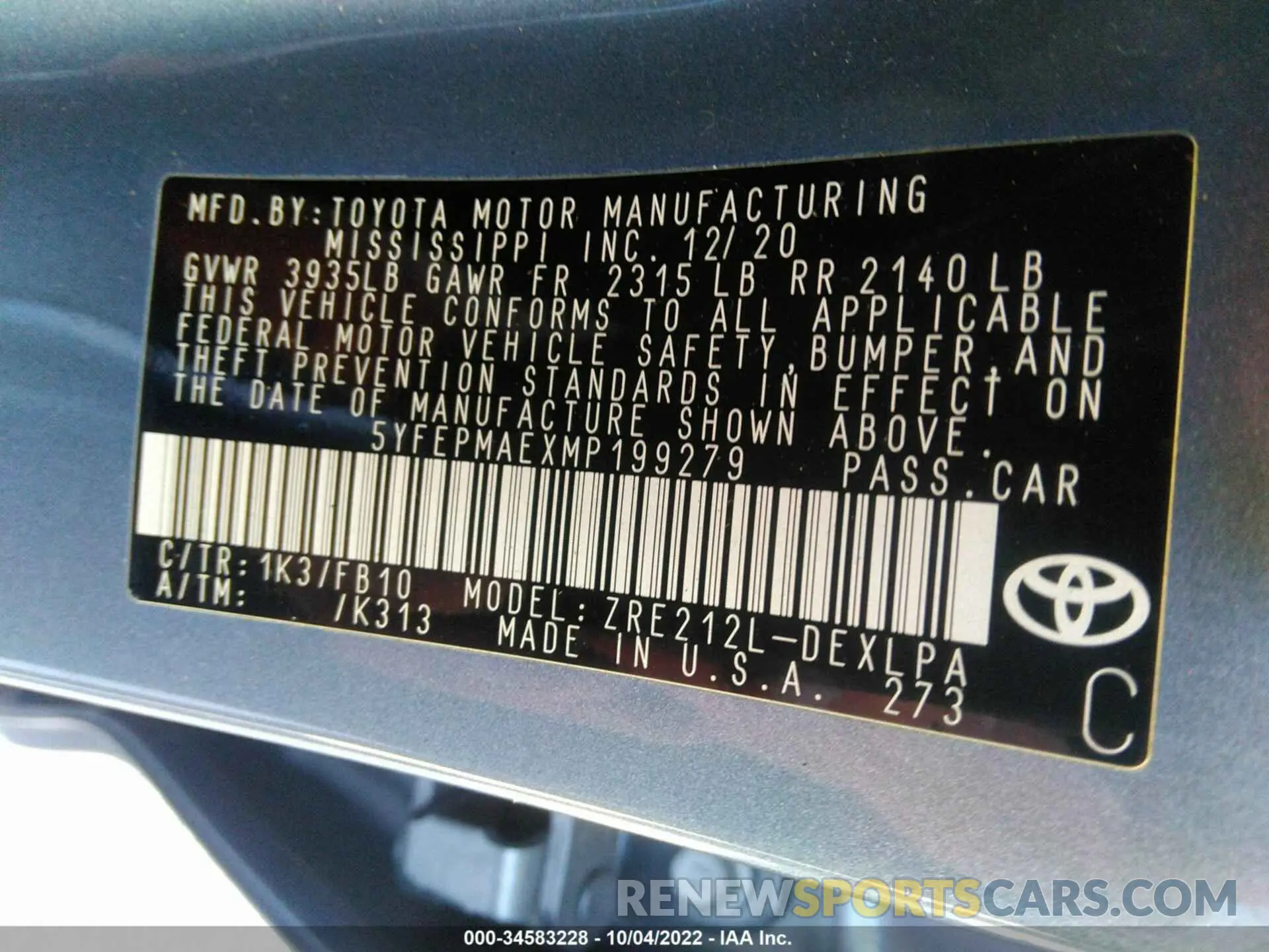 9 fotografías del automóvil dañado 5YFEPMAEXMP199279 TOYOTA COROLLA 2021