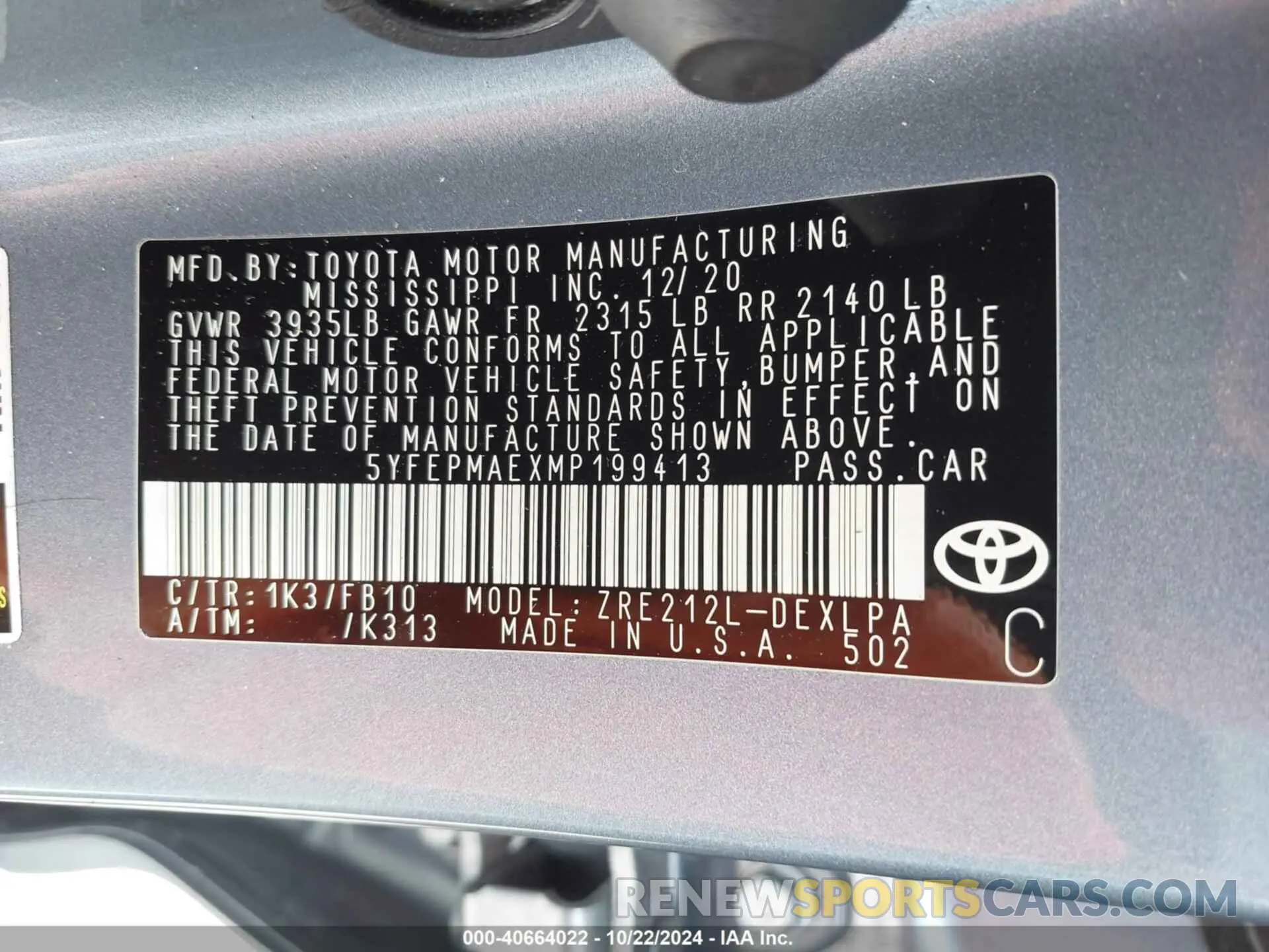 9 fotografías del automóvil dañado 5YFEPMAEXMP199413 TOYOTA COROLLA 2021