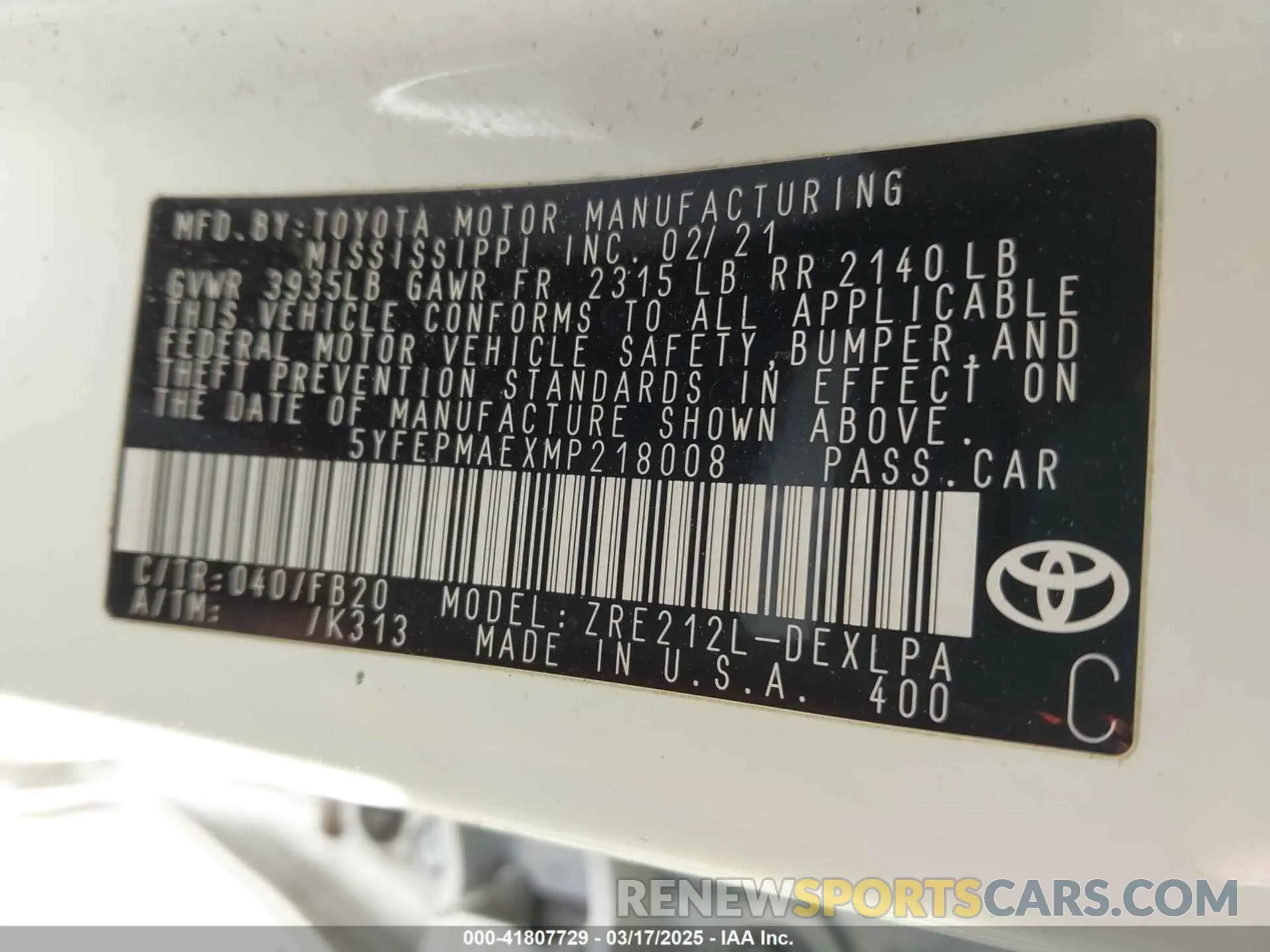 9 fotografías del automóvil dañado 5YFEPMAEXMP218008 TOYOTA COROLLA 2021