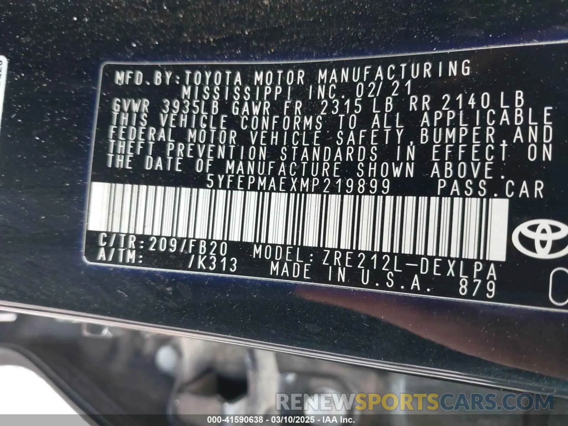9 fotografías del automóvil dañado 5YFEPMAEXMP219899 TOYOTA COROLLA 2021