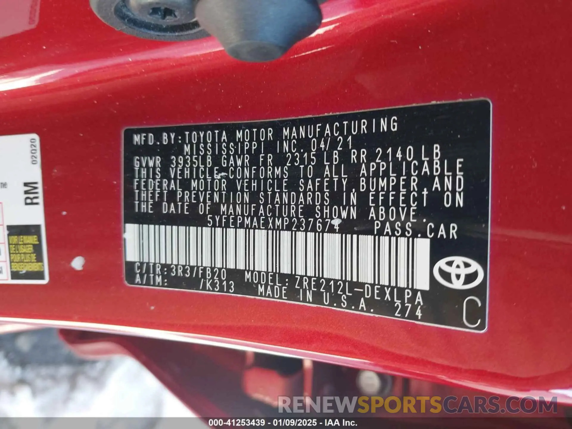 9 fotografías del automóvil dañado 5YFEPMAEXMP237674 TOYOTA COROLLA 2021
