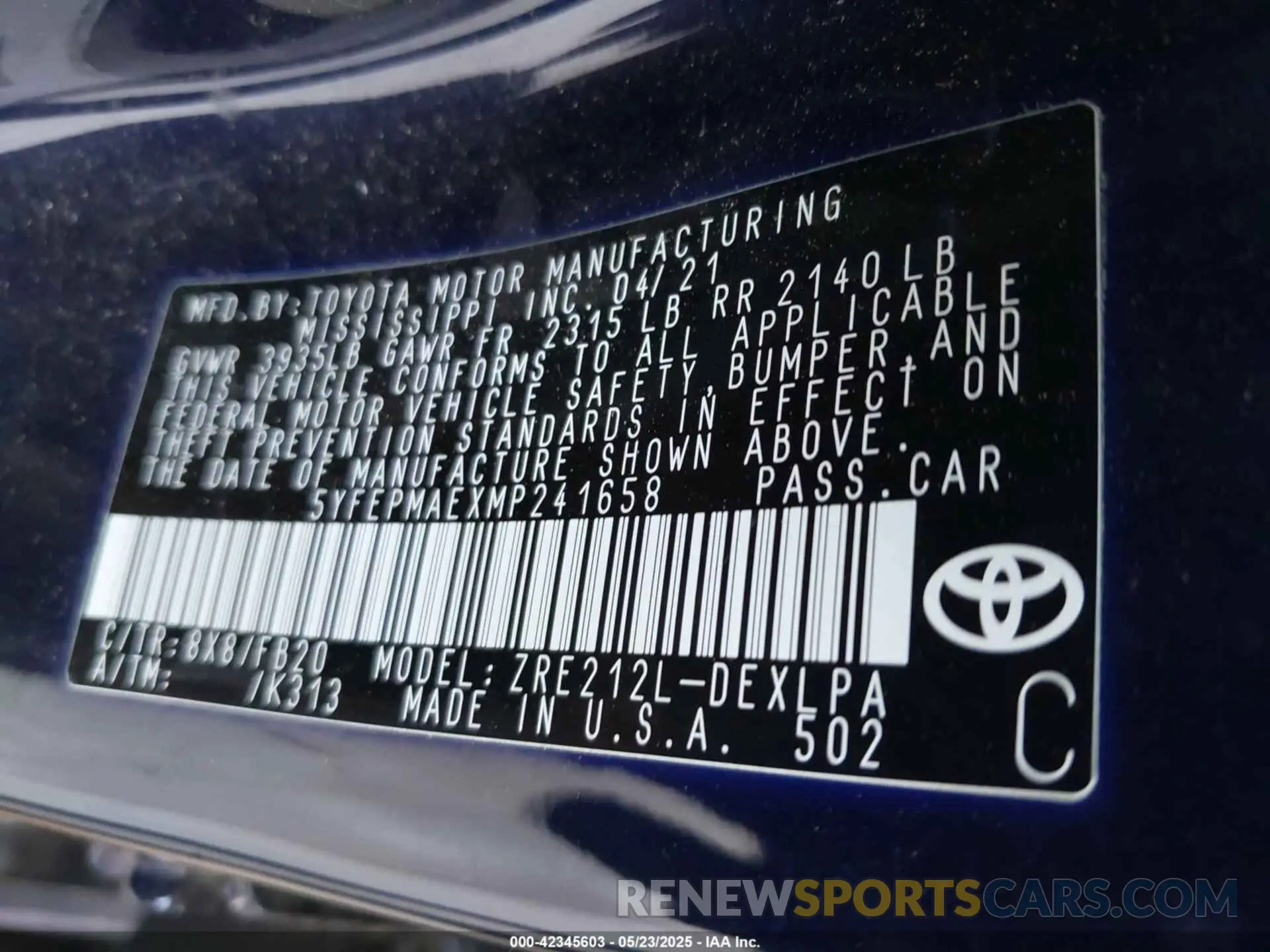 9 fotografías del automóvil dañado 5YFEPMAEXMP241658 TOYOTA COROLLA 2021